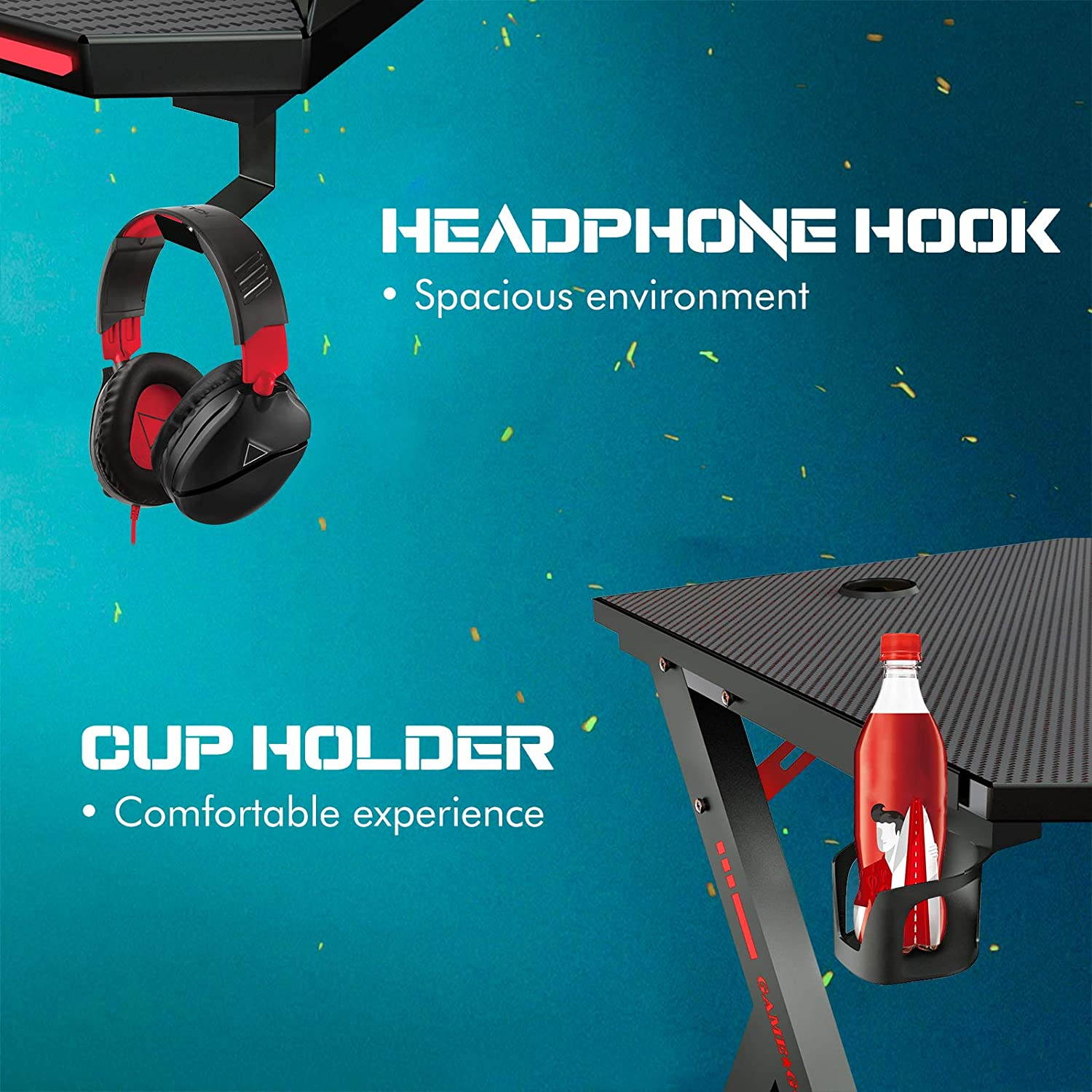 Greatlizard 47 Inch Gaming Desk with Led Lights, PC Gaming Table Computer Workstation with LED RGB Lights, Headphone Hook and Cup Holder for Home, Black