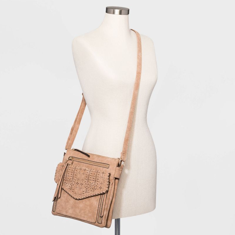 VR NYC Zip Closure Mosaic Design Laser Cut Crossbody Bag - Natural