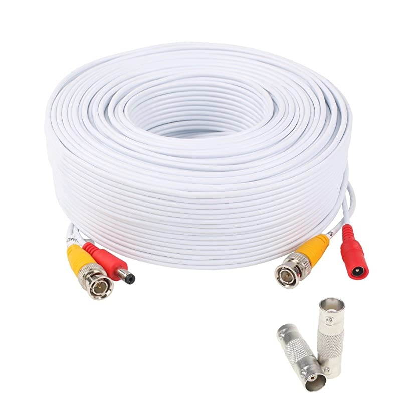 200 Feet Pre-Made All-in-One Siamese BNC Video and Power Cable Wire Cord with Two Female Extension Connectors for CCTV Security Camera & DVR (White)