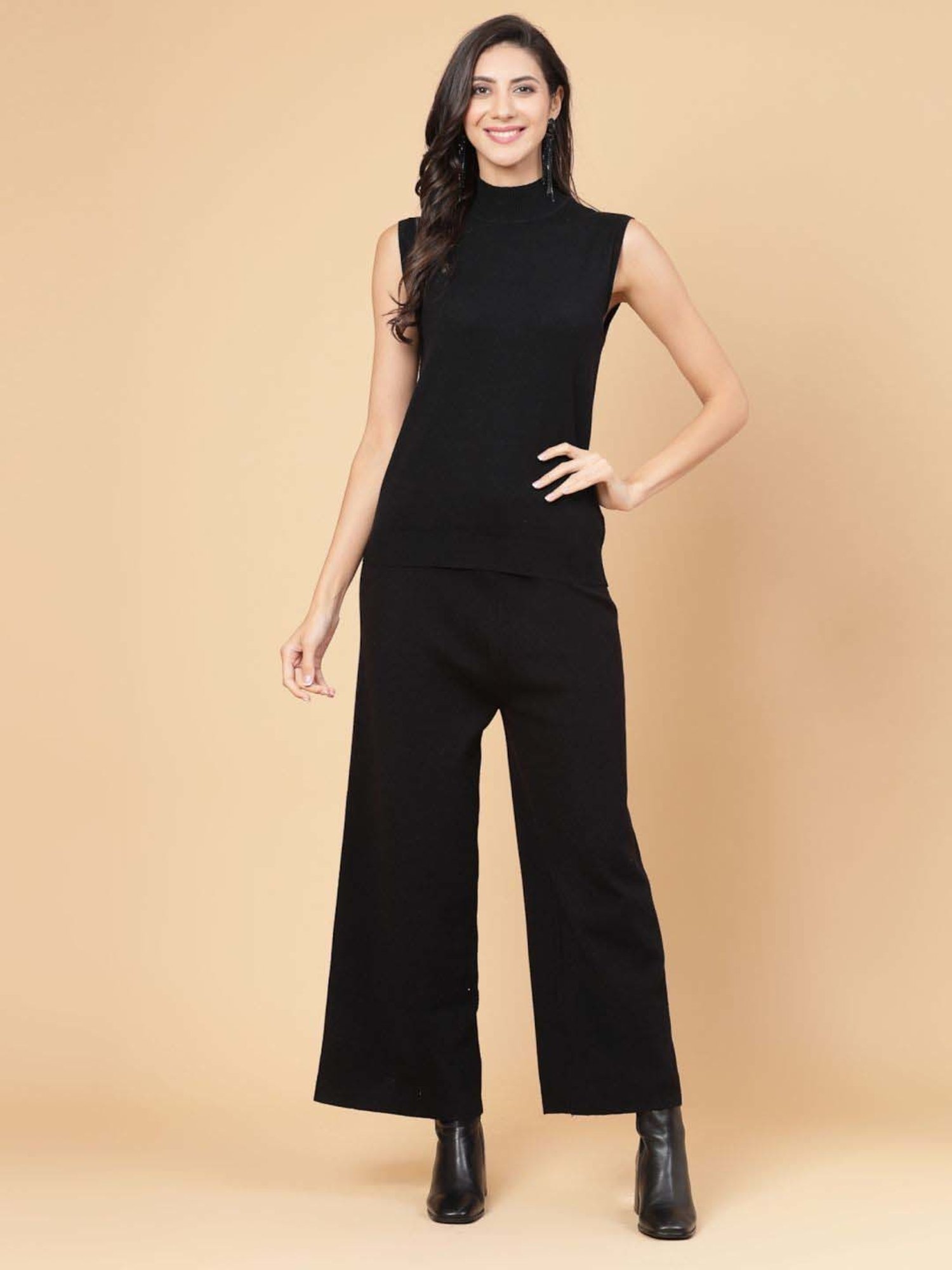 Mafadeny Beige & Black Printed Top Pants Set With Shrug