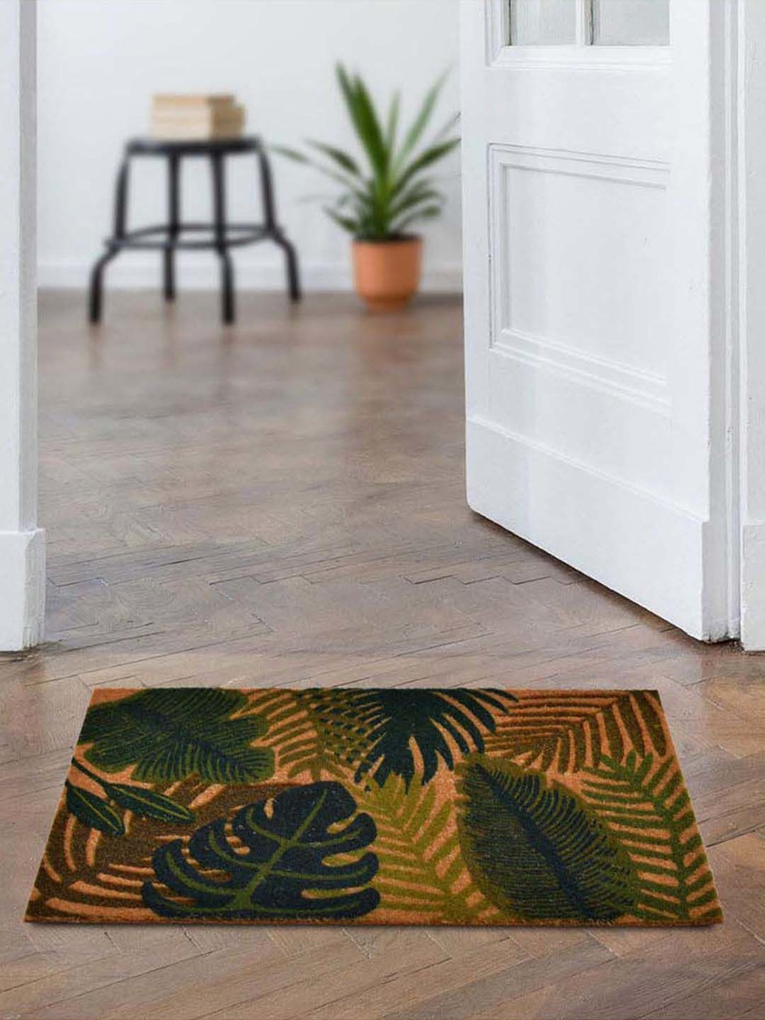 @home Green Polyester Tropical Leaves Design Anti-Slip Door Mat