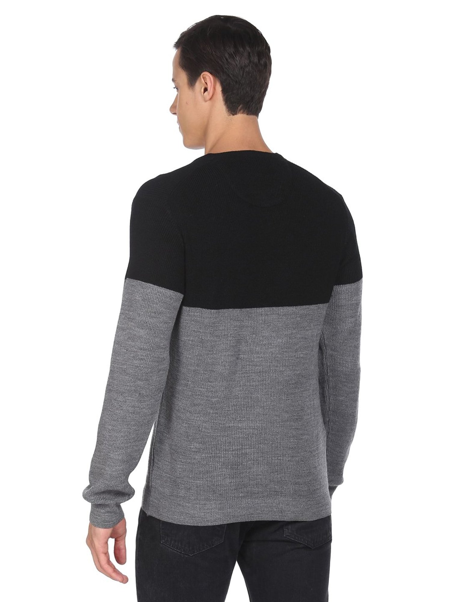 Arrow Sport Black & Grey Regular Fit Colour Block Sweater