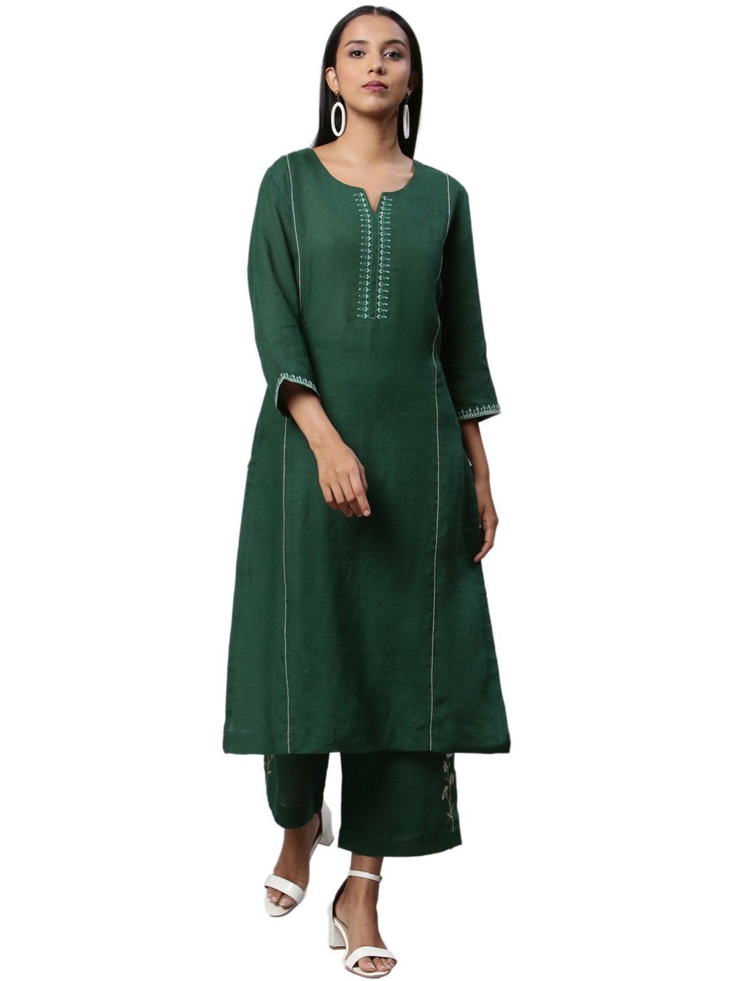 Linen Club Woman Green Embroidered Palazzos