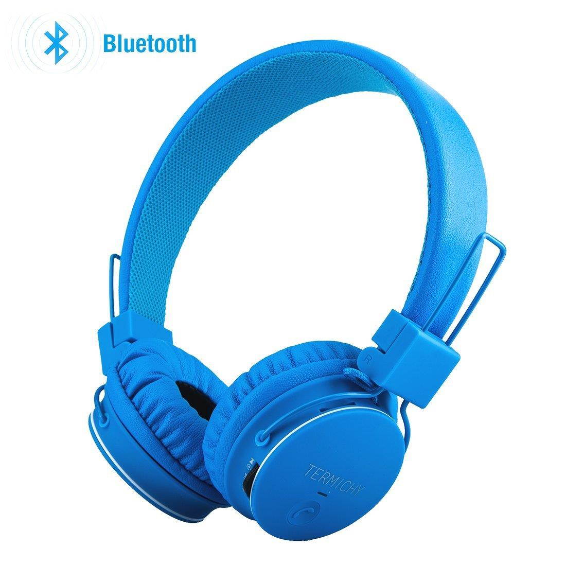 Kids Bluetooth Headphones Foldable Volume Limiting Wireless/Wired Stereo On Ear HD Headset with SD Card FM Radio in-line Volume Control Microphone for Children Adults (Blue)