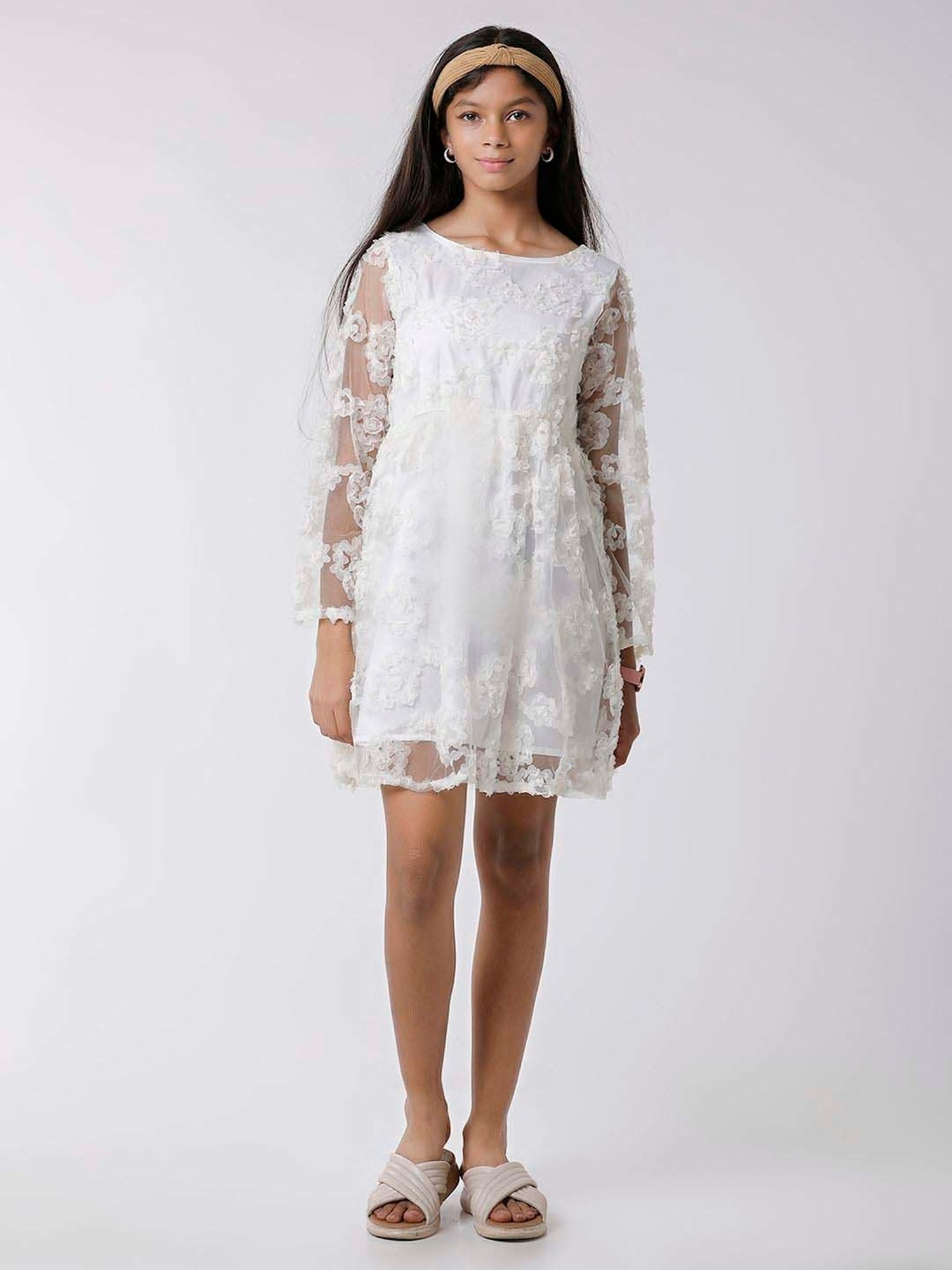 Kate & Oscar Kids Off-White Regular Fit Full Sleeves Dress