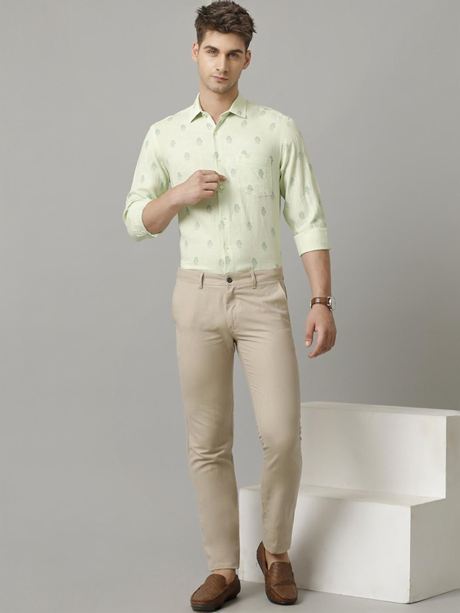 Linen Club Green Linen Contemporary Fit Printed Shirt