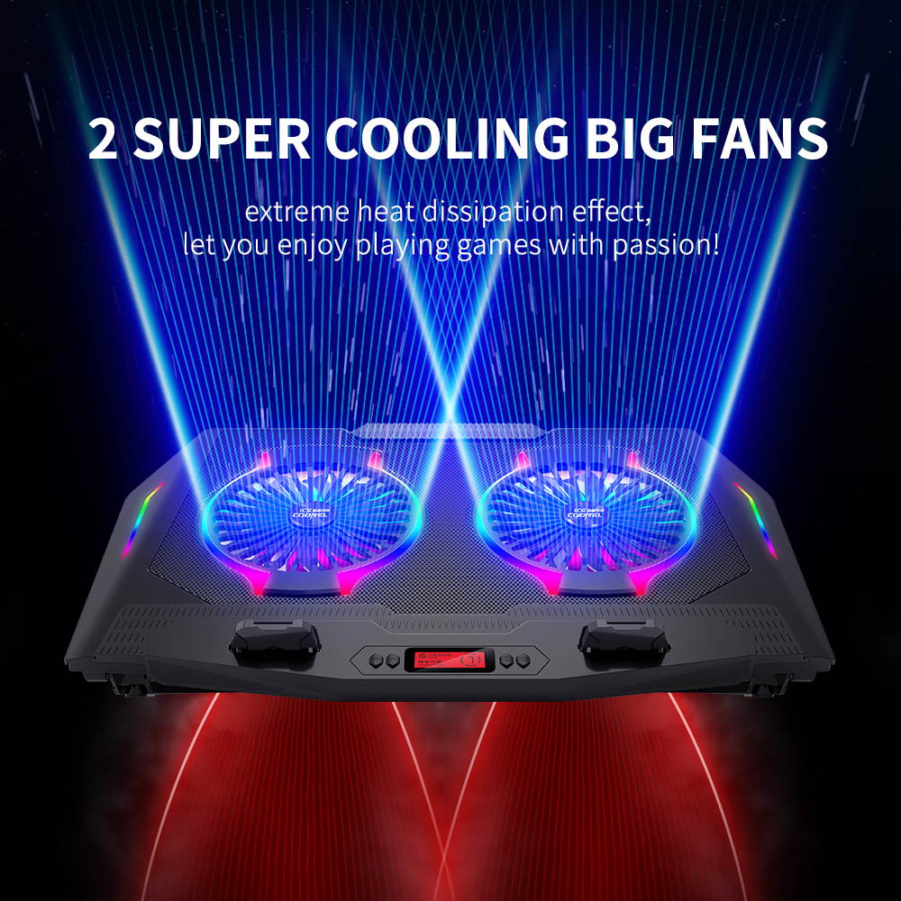 ICE COOREL RGB Laptop Cooling Pad Wing Cooler,Laptop Cooling Stand with Compatible 14-21"Laptop,2 Fans Strong Wind 5Stand Height Adjustable,LCD Screen ,Rainbow Lights,Two USB Ports and One Phone Stand