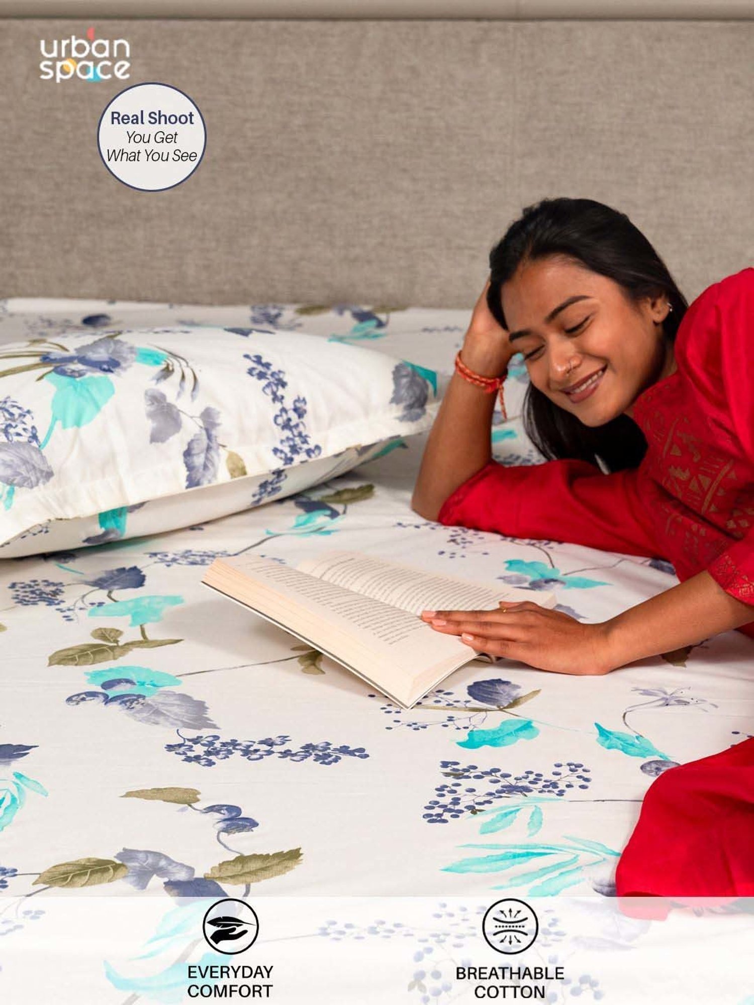 Urban Space Regal Blue Cotton 200 TC Queen Size Bedsheet With Pillow Covers