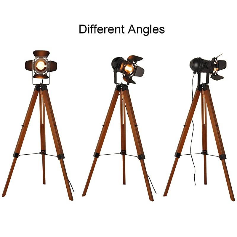 Vintage Tripod Floor Lamp,Nautical Teatre Retro Spotlight,Industrial Decor Wooden Light Fixtures,Cinema Movie Props-Without Edison Bulb