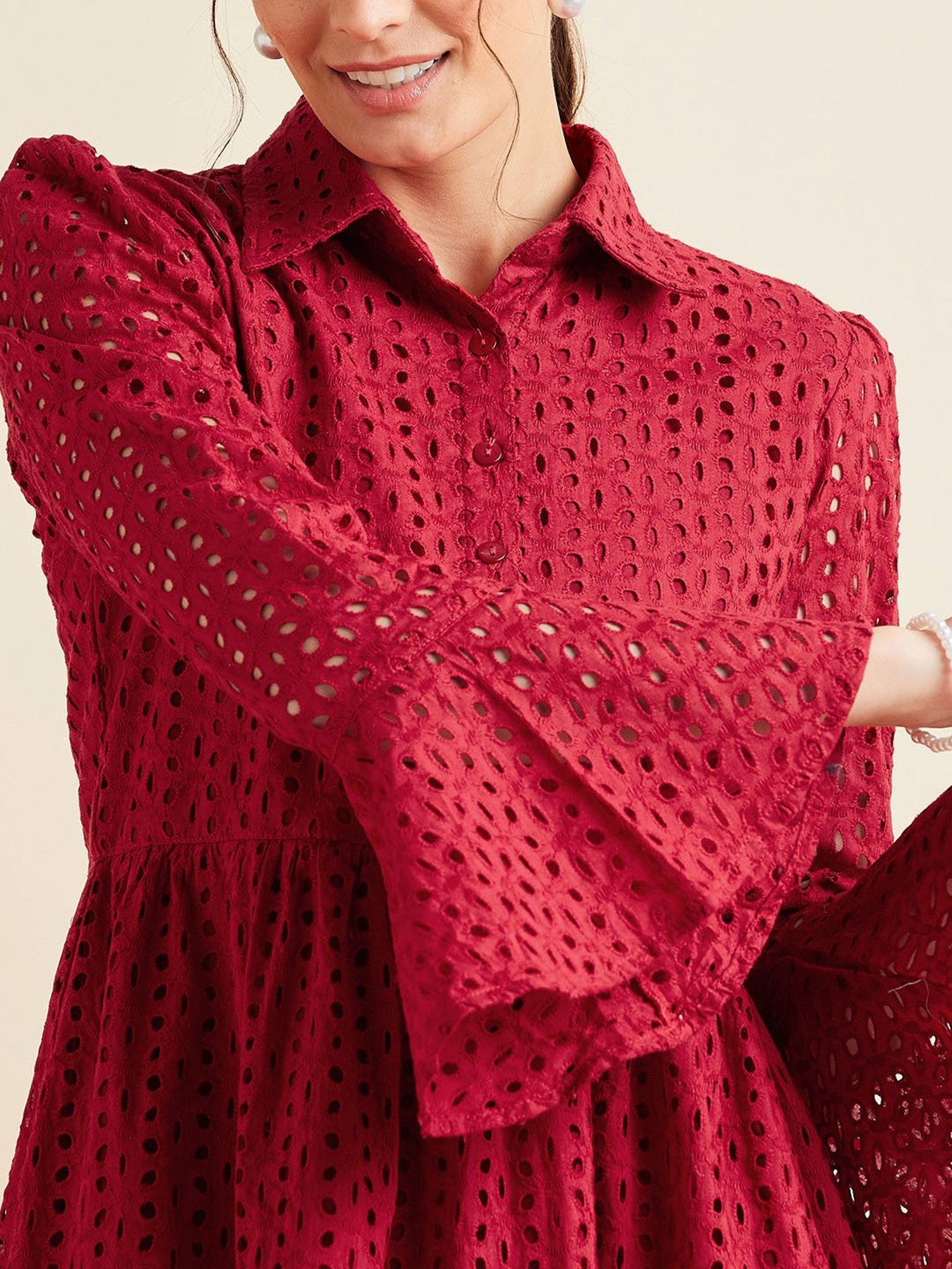 PANIT Maroon Cotton Embroidered Ethnic Dress