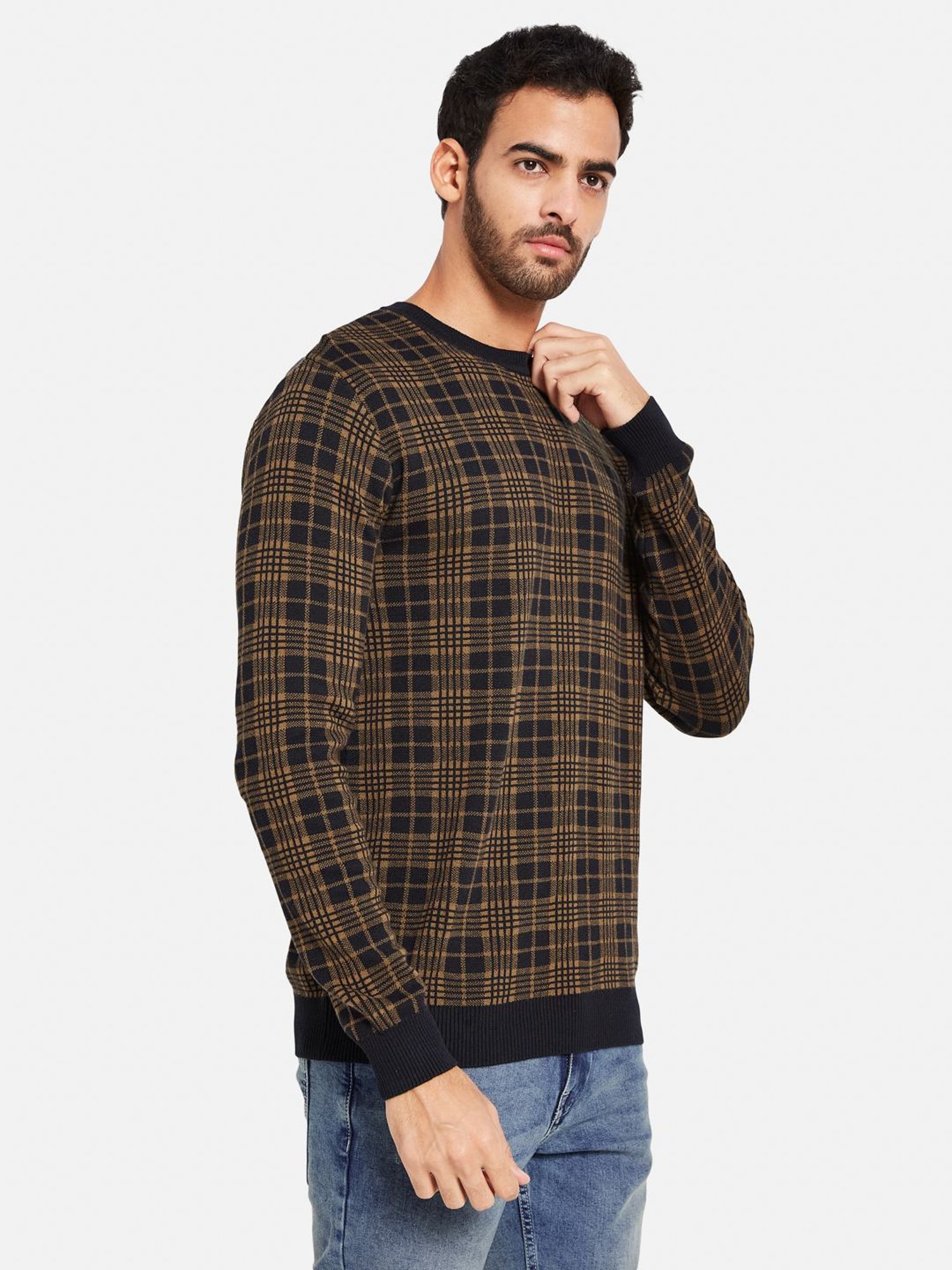 METTLE Brown Cotton Regular Fit Checks Sweater
