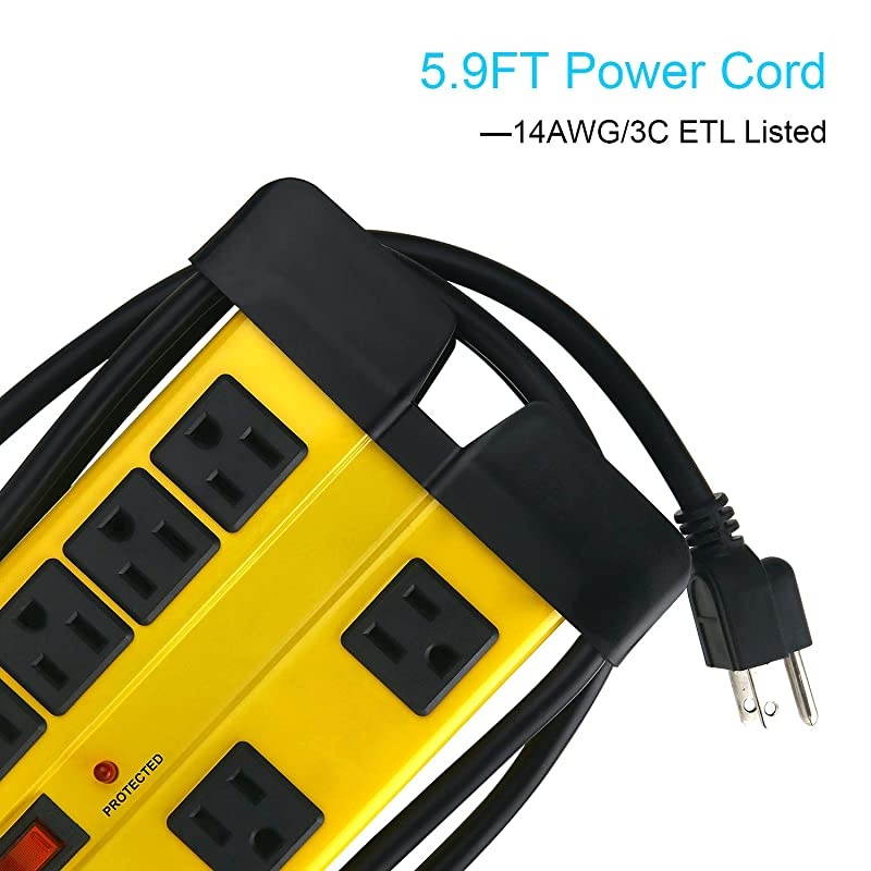 Duty Power Strip Surge Protector 8 Outlet Industrial Power Strip with 15A Shop Workshop Garden Metal Power Strip with 6FT Cord 1200 Joules ETL Listed