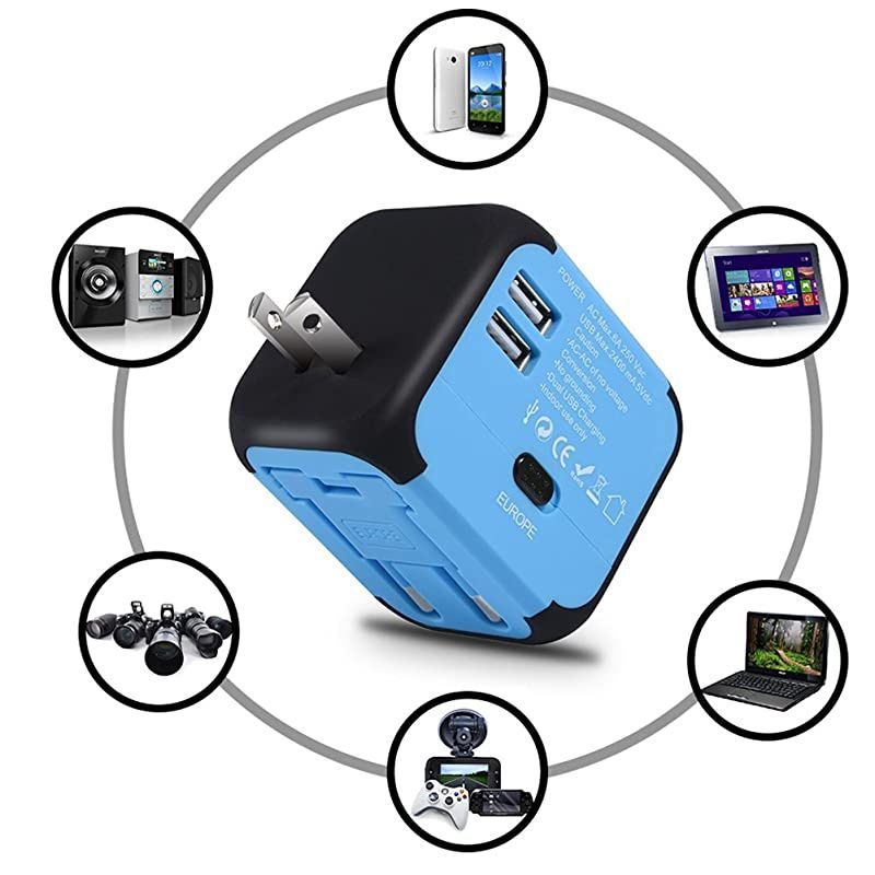 Universal International Travel Power Adapter with 2.4A Dual USB Wall Charger, European Adapter, Worldwide AC Outlet Plugs(A-Type Blue) Adapters for Europe, UK, US, AU, Asia