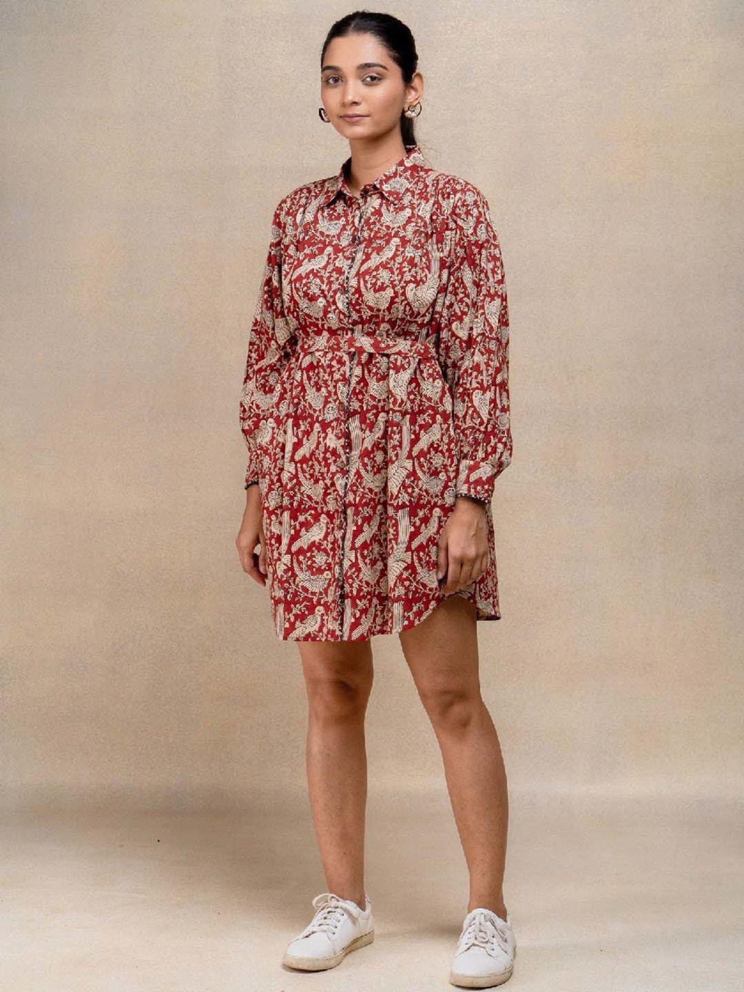 Okhai Red Floral Print Pure Cotton Ethnic Dress With Belt