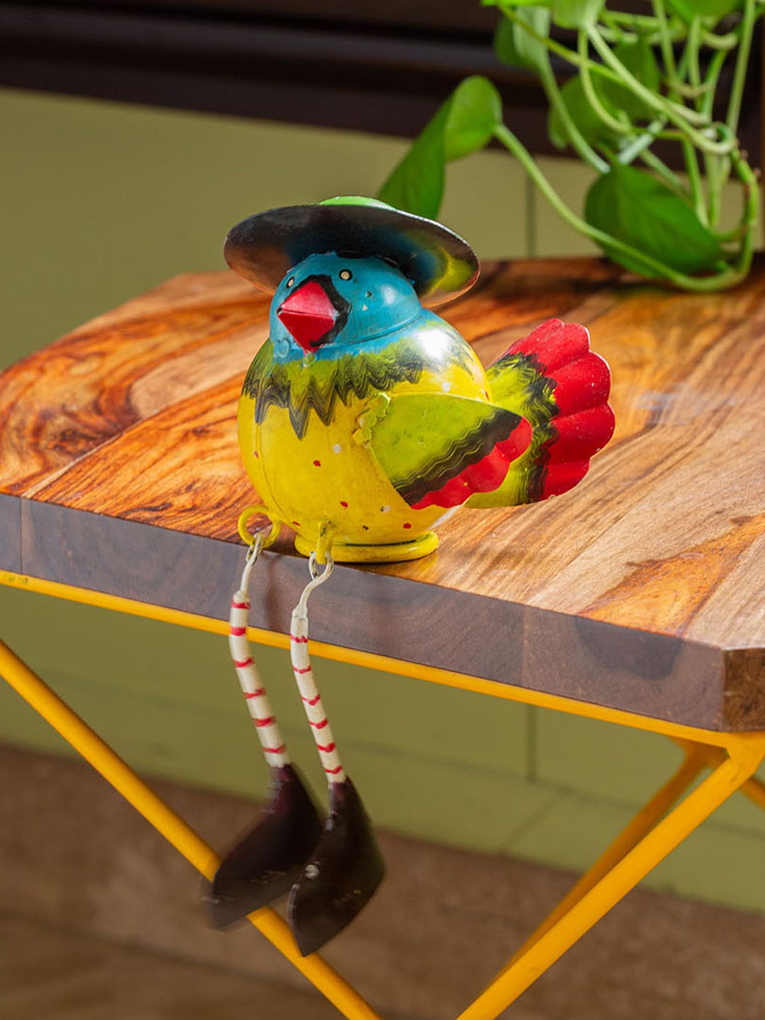 ExclusiveLane Yellow and Sky Blue Sheet Metal Mr. Sparrow Garden Showpiece - Set of 1