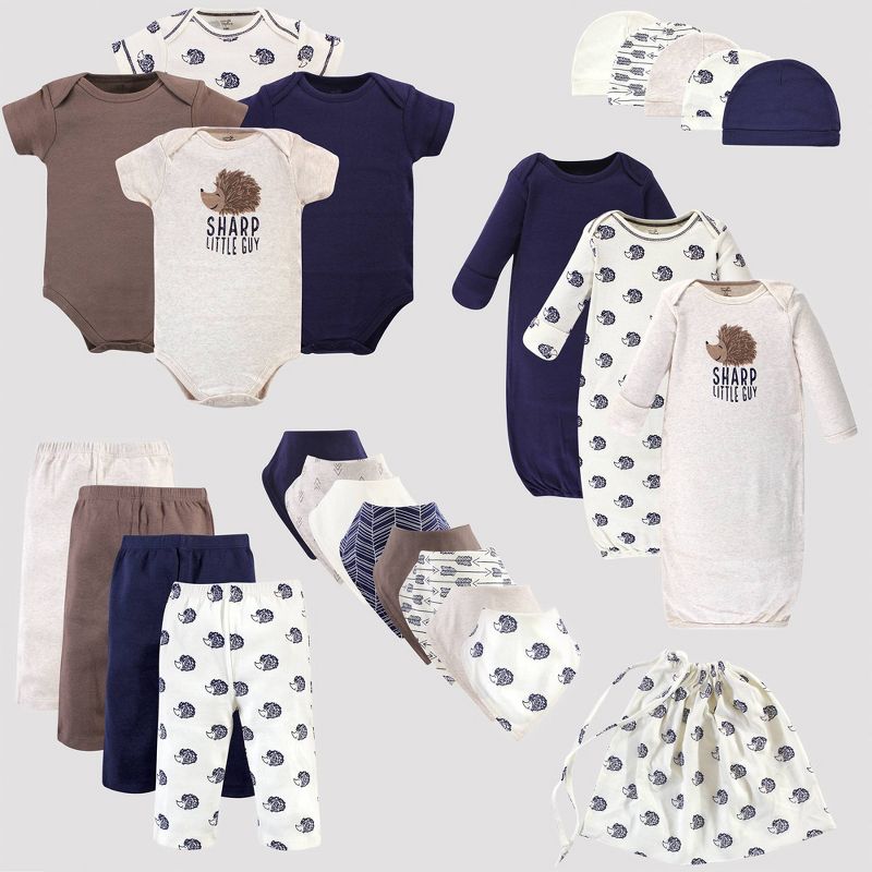 Touched by Nature Baby 25pc Organic Cotton Gift Cube Bodysuit - Hedgehog - Brown/Blue 0-6M