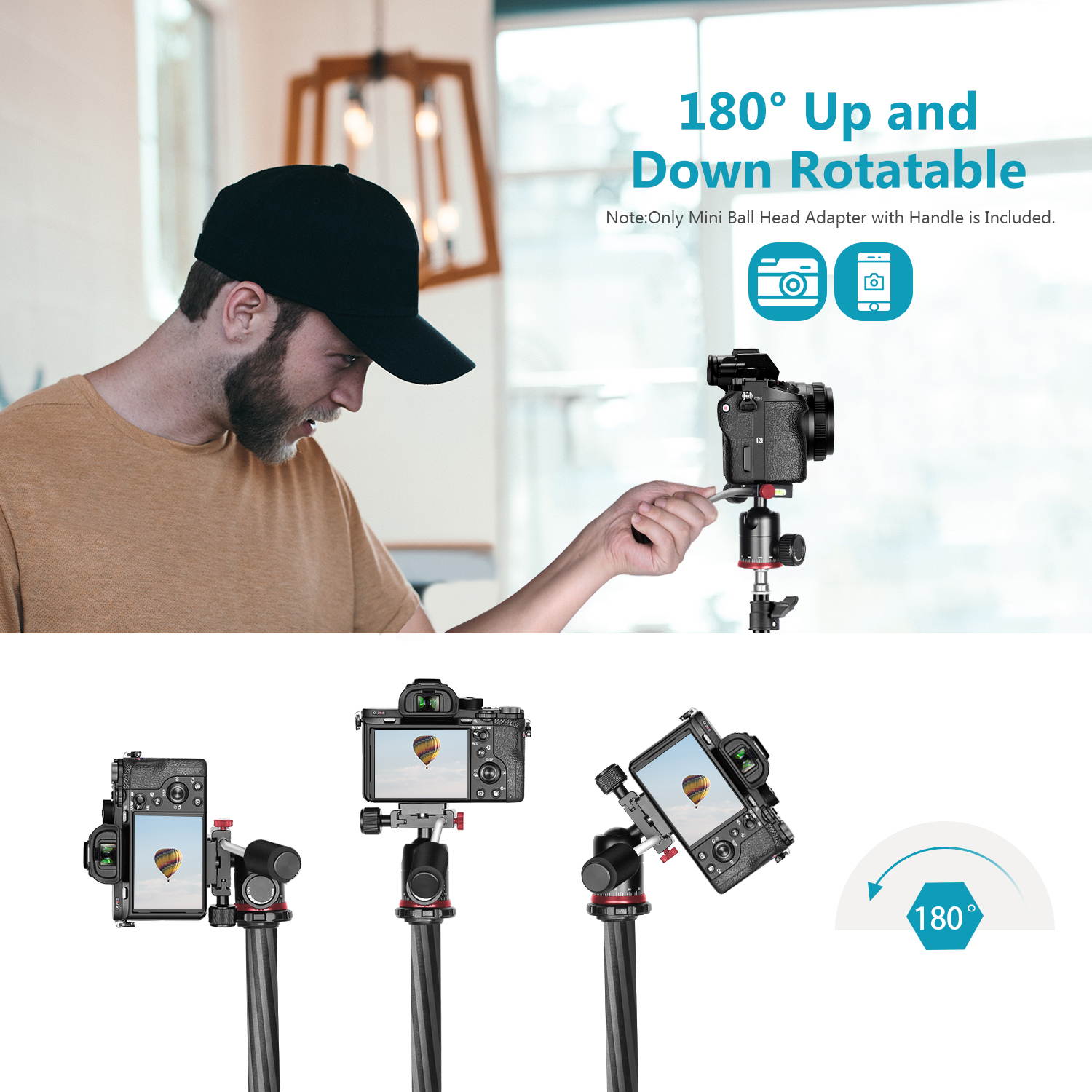 Neewer Mini Tripod Head Mobile Phone/Camera Ball Head with Handle and 1/4 inch Quick Shoe Plate, 360 Degree Panoramic Ballhead for Mirrorless Cameras, iPhones, iPad, Telescope, Max Loading 11pounds