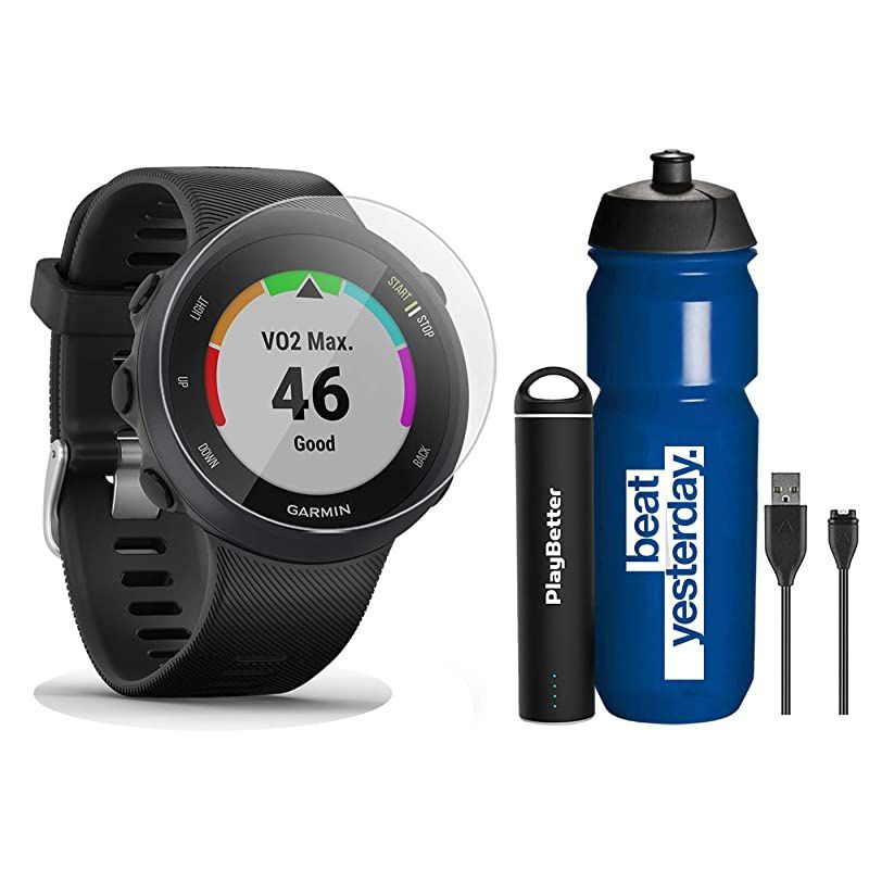 Forerunner 45 GPS Running Watch Runners Bundle | Includes Water Bottle, Portable Charger & Screen Protectors | Heart Rate Watch | Pace, Distance, Stress Tracking | Lava Red, 010-02156-06