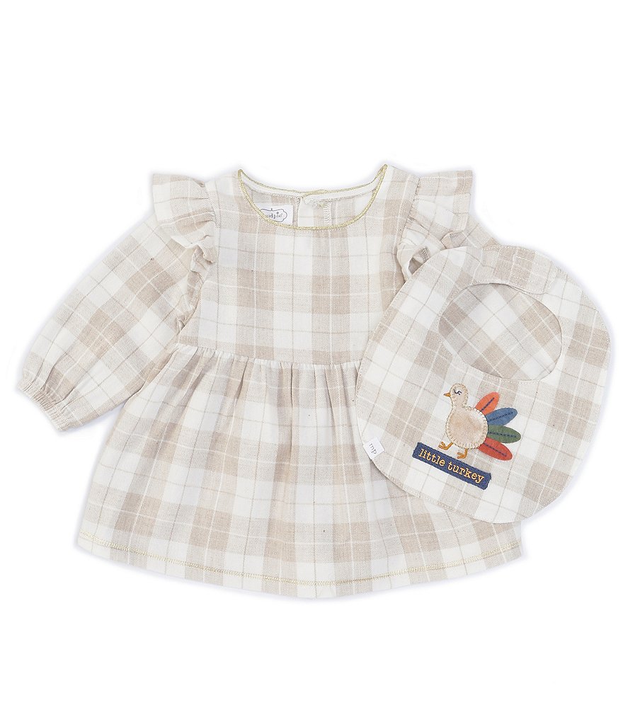 Mud Pie Baby Girl Newborn-18 Months Long Sleeve Plaid Flannel Dress & Reversible Pumpkin/Turkey Bib Set