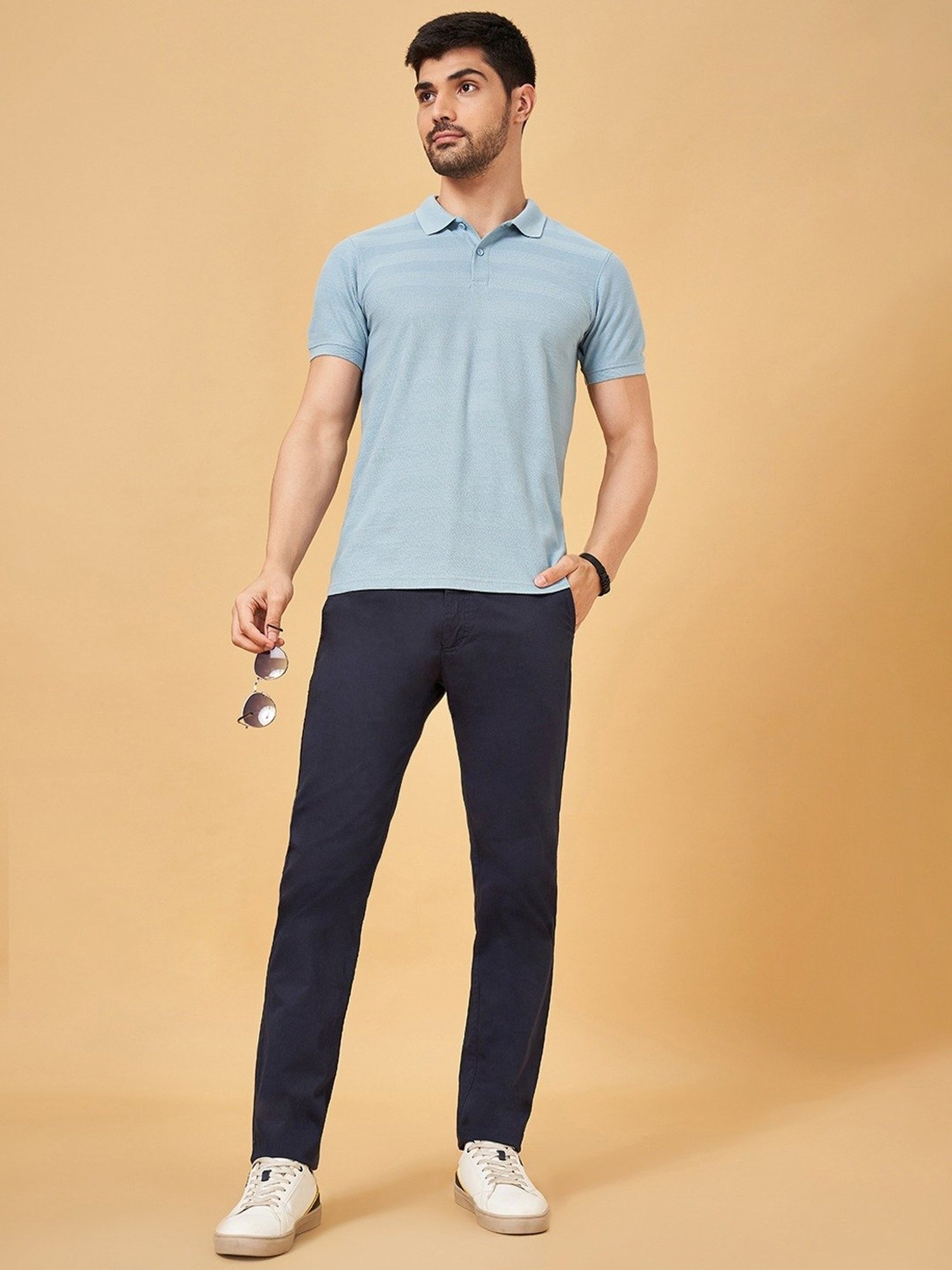 Byford By Pantaloons Blue Slim Fit Self Pattern Polo T-Shirt
