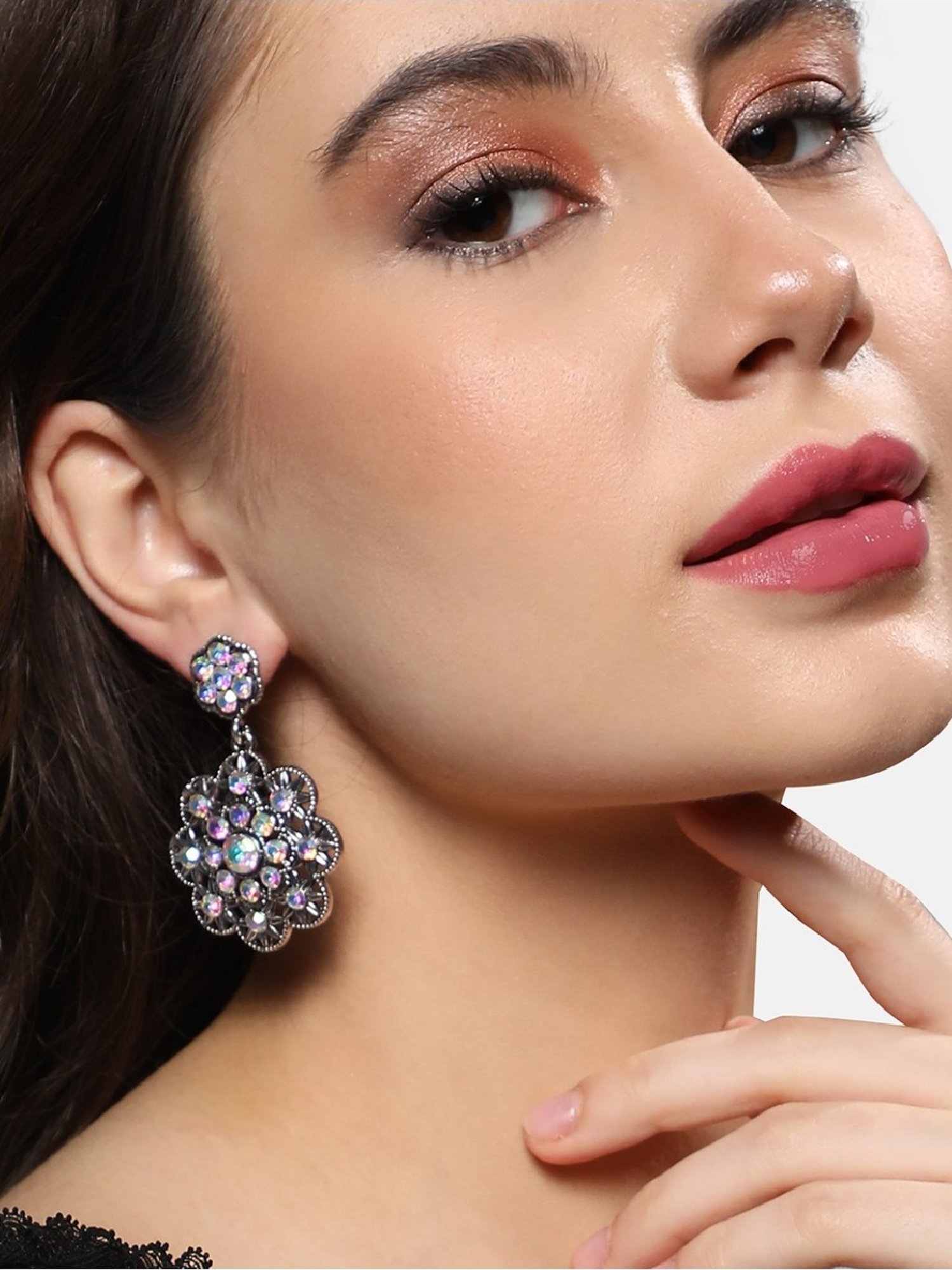 Sohi Women's Clustered Flora Drop Earrings  Chalice Silver