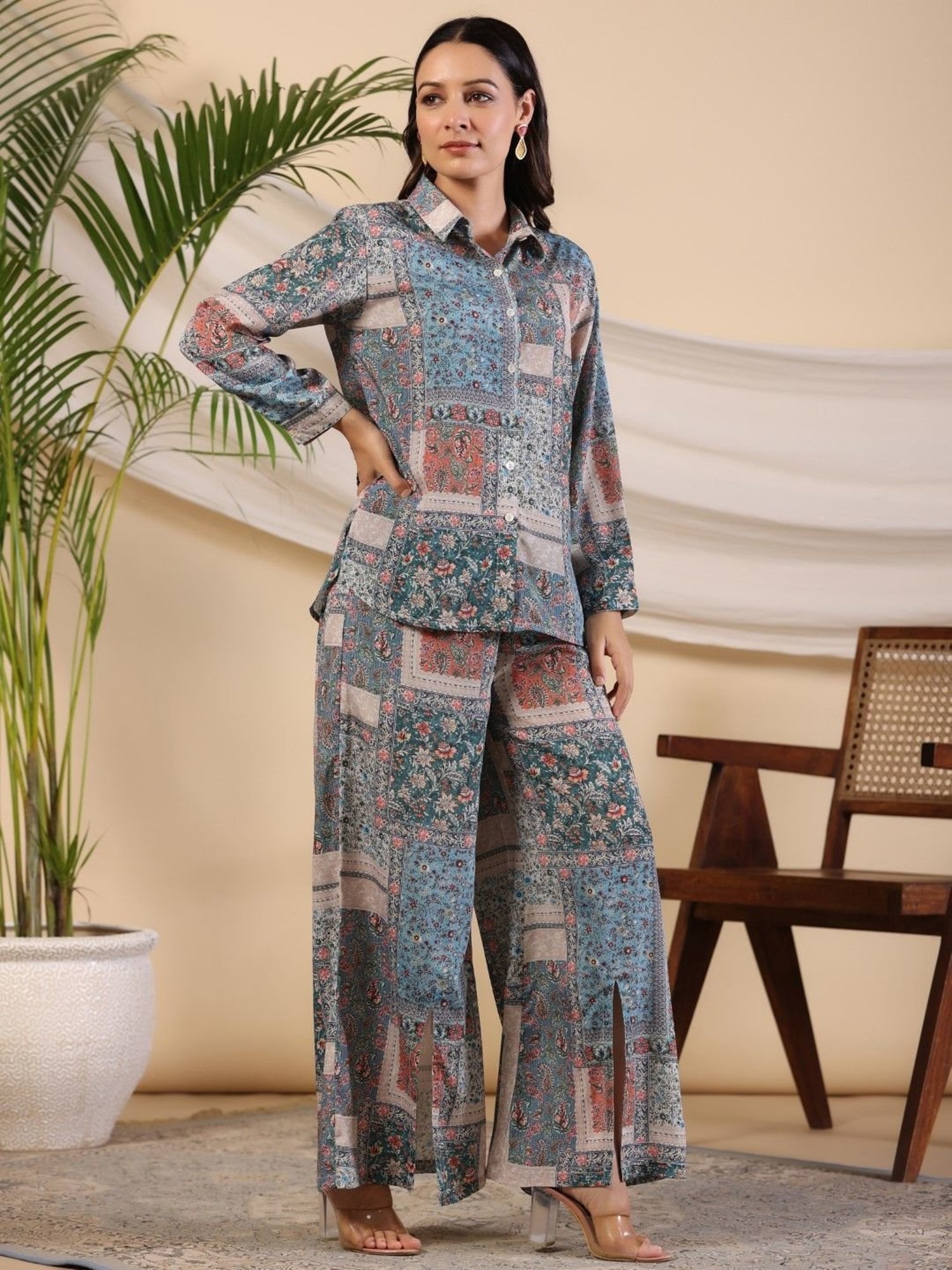 Juniper The Ornamental Blooms Women Silk Floral Printed Blue Shirt With Pants Co-Ord Set