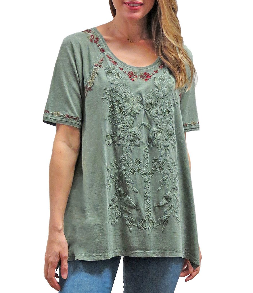 Karyn Seo Sadie Scoop Neck Short Sleeve Embroidered Tunic