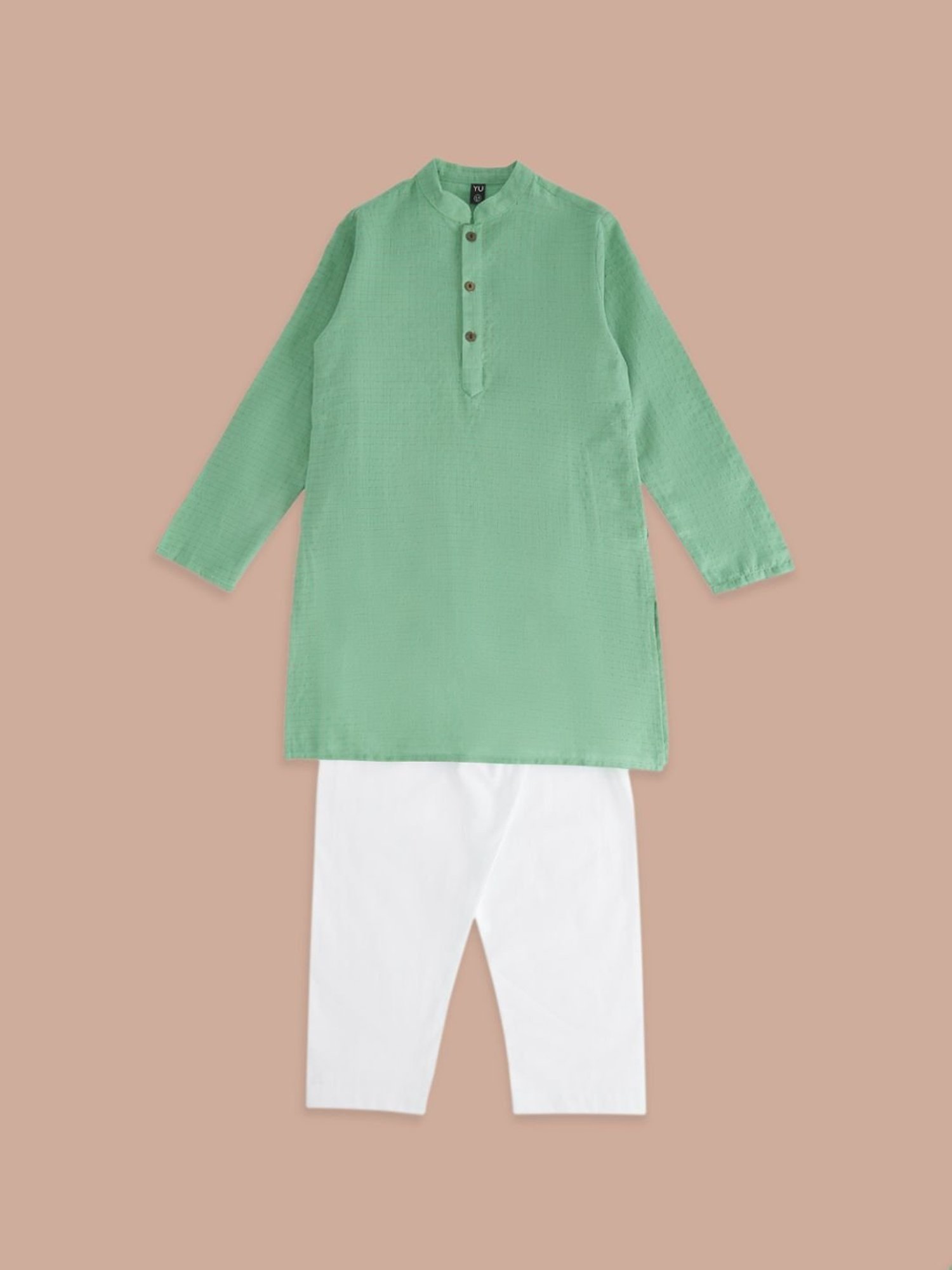 YU by Pantaloons Kids Green & White Cotton Chequered Full Sleeves Kurta Set