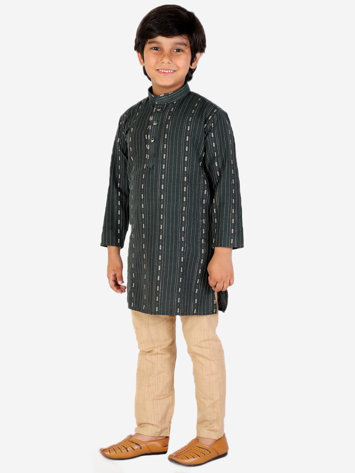Pro-Ethic Style Developer Kids Green & Beige Printed Full Sleeves Kurta with Pyjamas