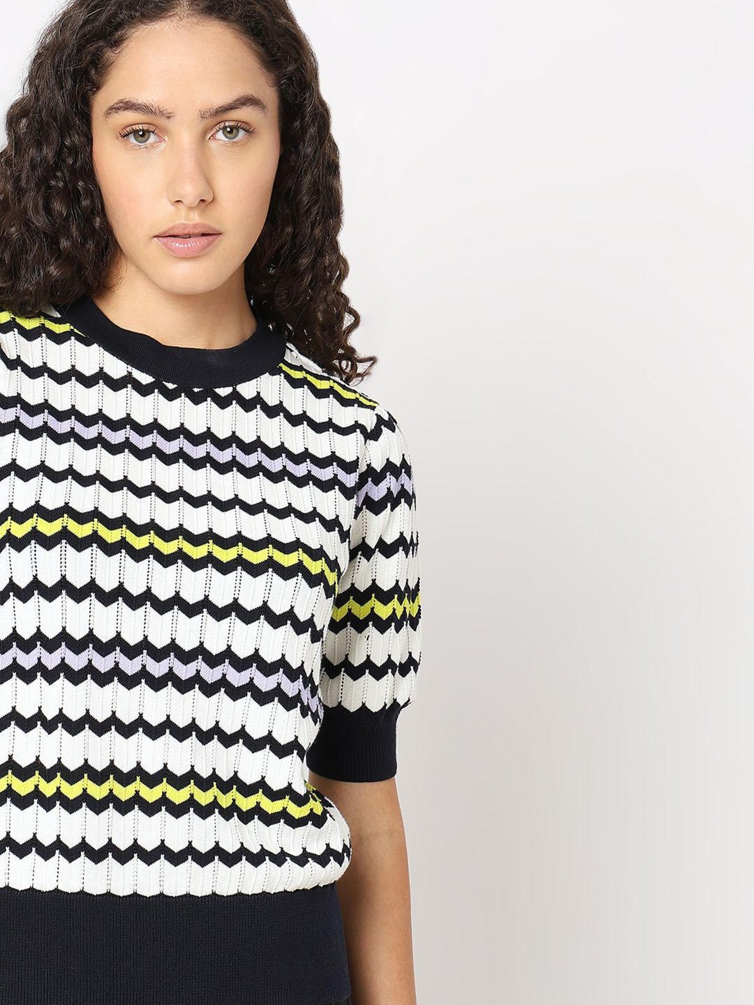 Vero Moda White & Black Cotton Self Design Top