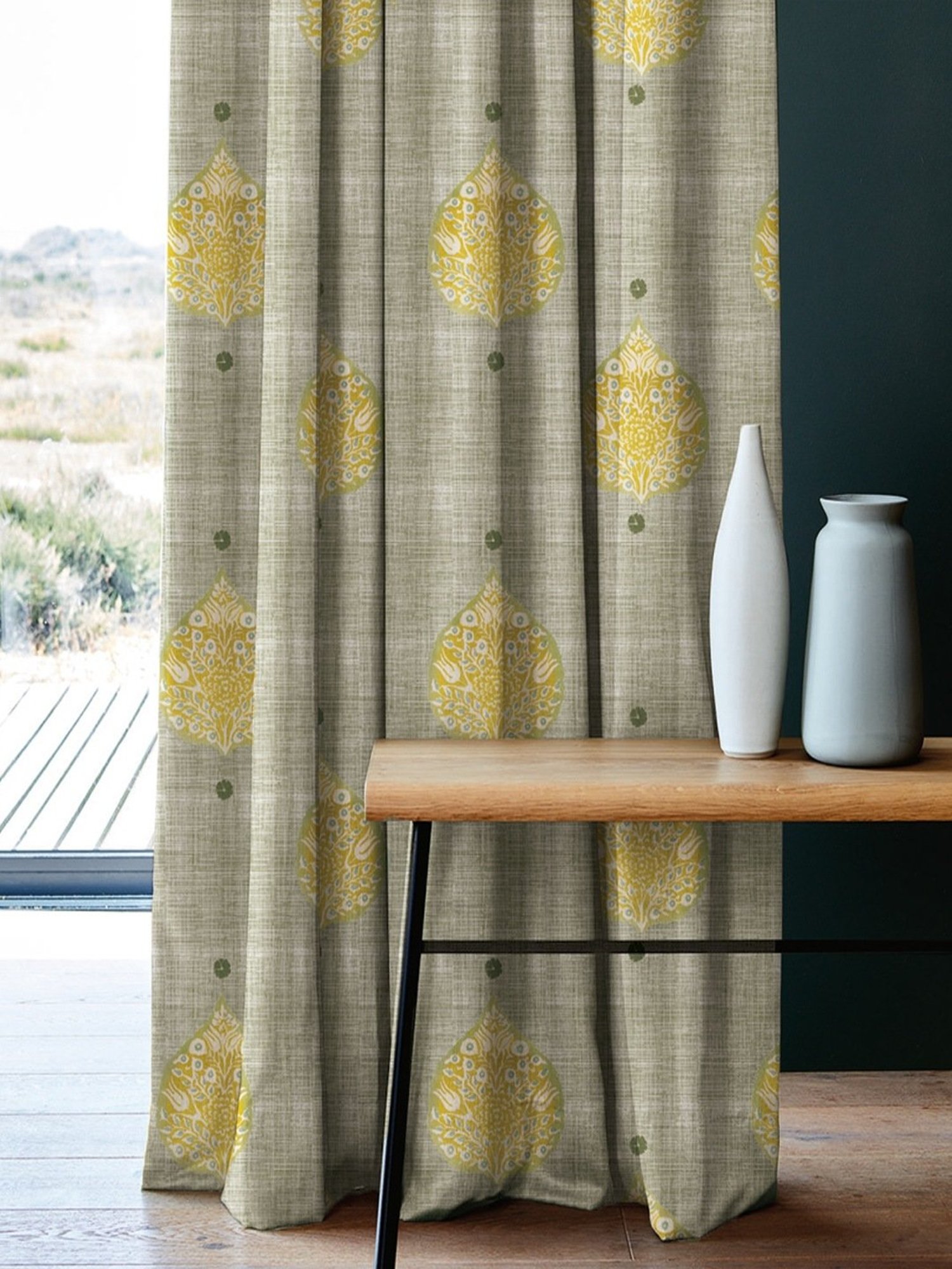 SPACES DRAPE STORY Elegent Grey & Yellow Polyester 8 FT Door Curtain - Set of 2