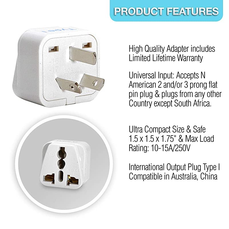 Australia China New Zealand Travel Plug Adapter Type I 3 Pack Grounded Universal GP163PK