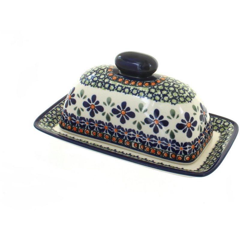 Blue Rose Polish Pottery Mosaic Flower Butter Dish