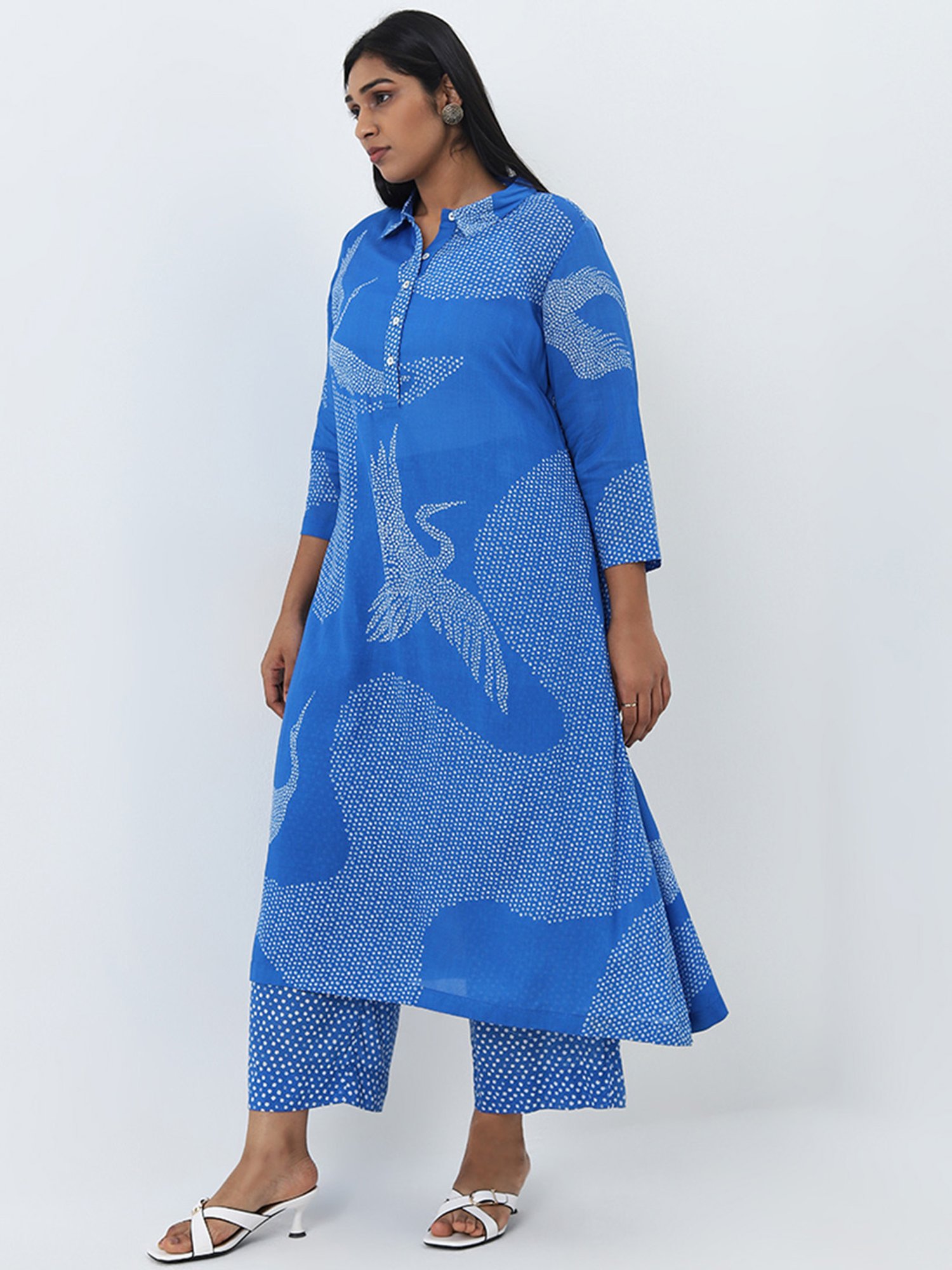 Diza by Westside Blue Bandhani Pattern A-Line Collared Cotton Kurta