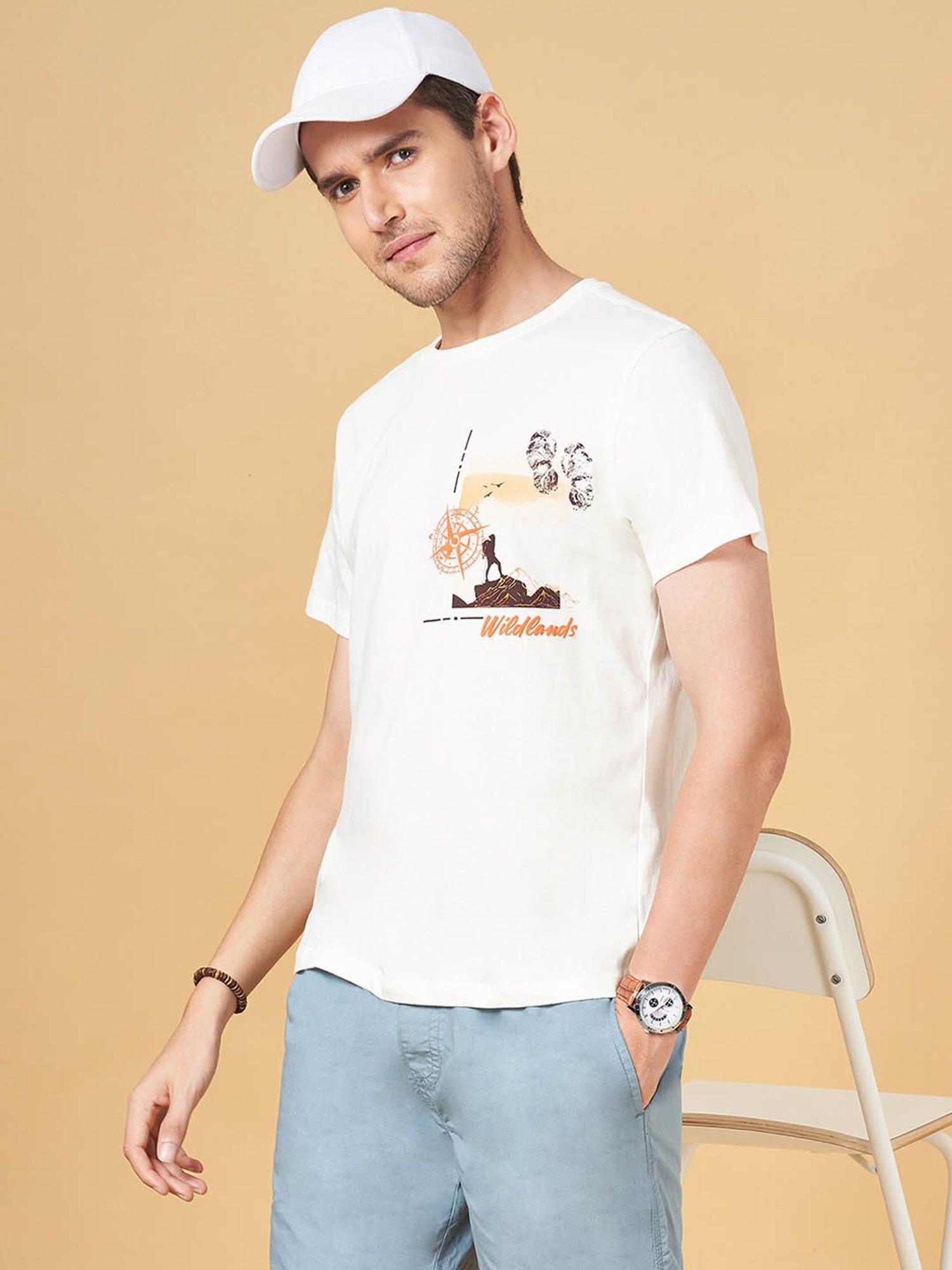 Urban Ranger by Pantaloons White Cotton Slim Fit Printed T-Shirt
