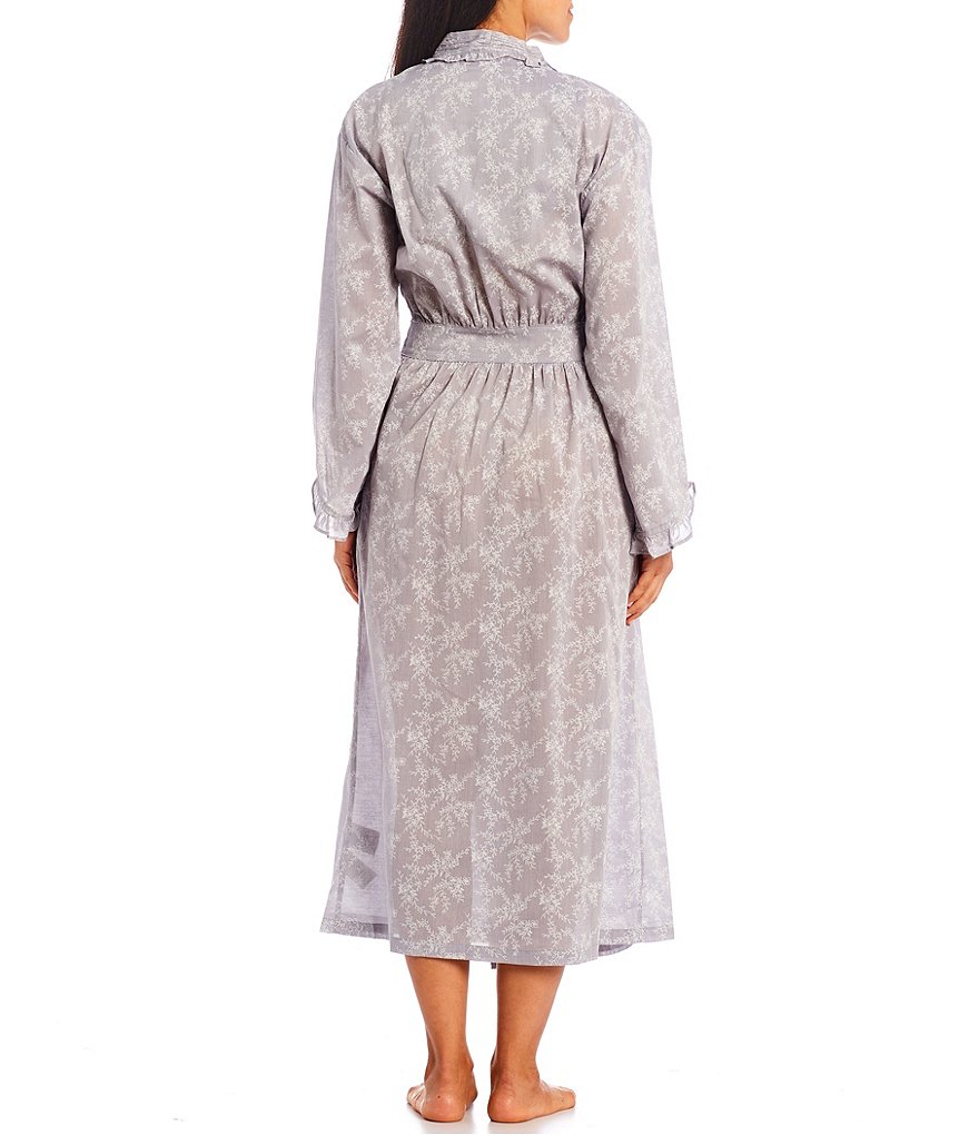 Eileen West Yarn-Dye Floral Print Chambray Long Sleeve Ballet Wrap Robe