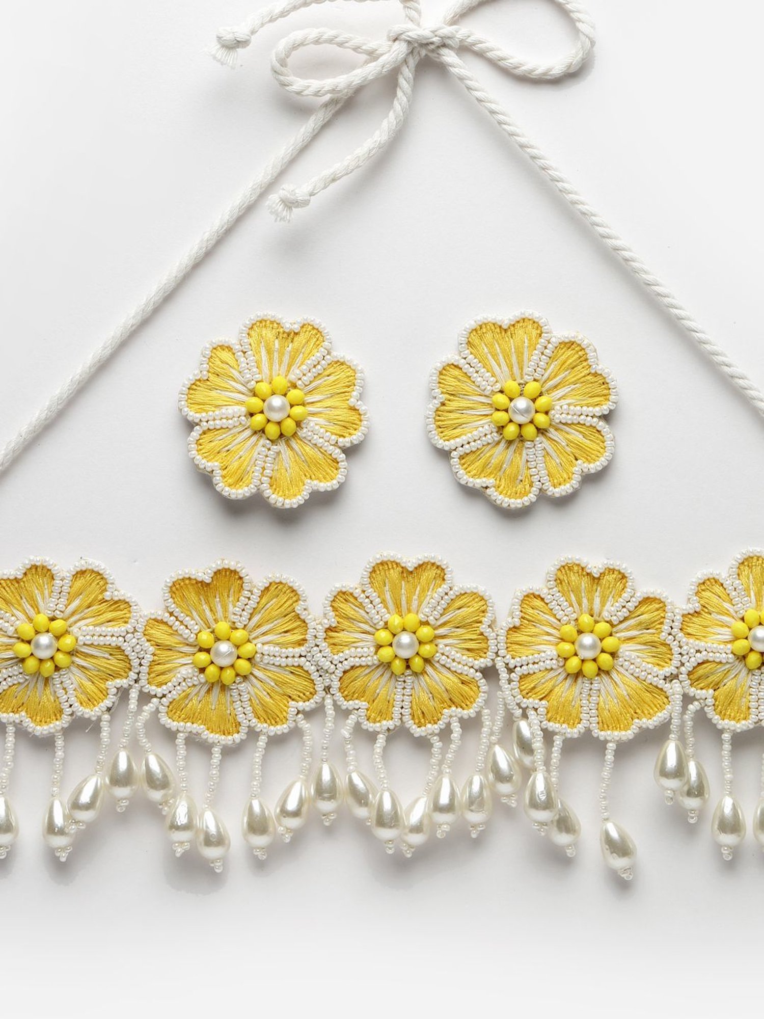 Moedbuille White Pearls Handcrafted Embroidered Yellow Floral Design Contemporary Necklace Set