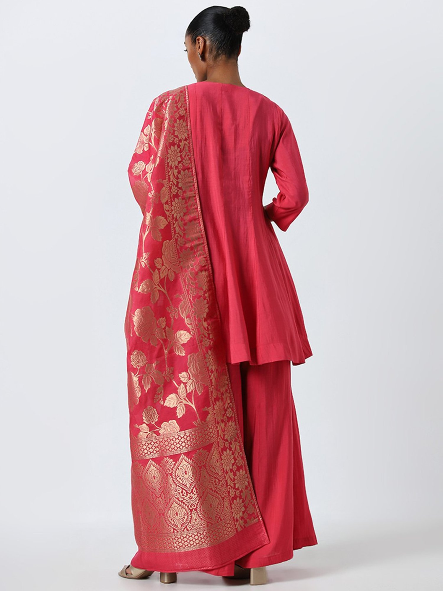 Vark by Westside Dark Pink Embellished Kurti, Palazzos and Dupatta Set