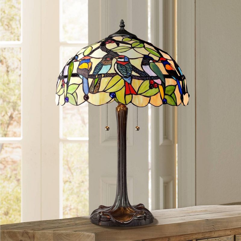 Robert Louis Tiffany Traditional Table Lamp Bronze Tropical Birds Stained Glass Shade for Living Room Family Bedroom Nightstand