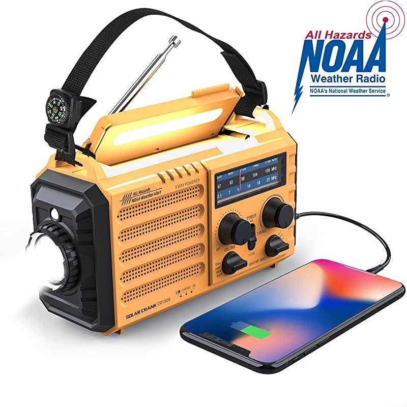 Weather Radio  Solar Hand Crank Emergency Radio 5 Ways Powered AMFMSWNOAA Weather Alert Portable Radio with Flashlight Reading Lamp Cellphone Charger and SOS Alarm Yellow