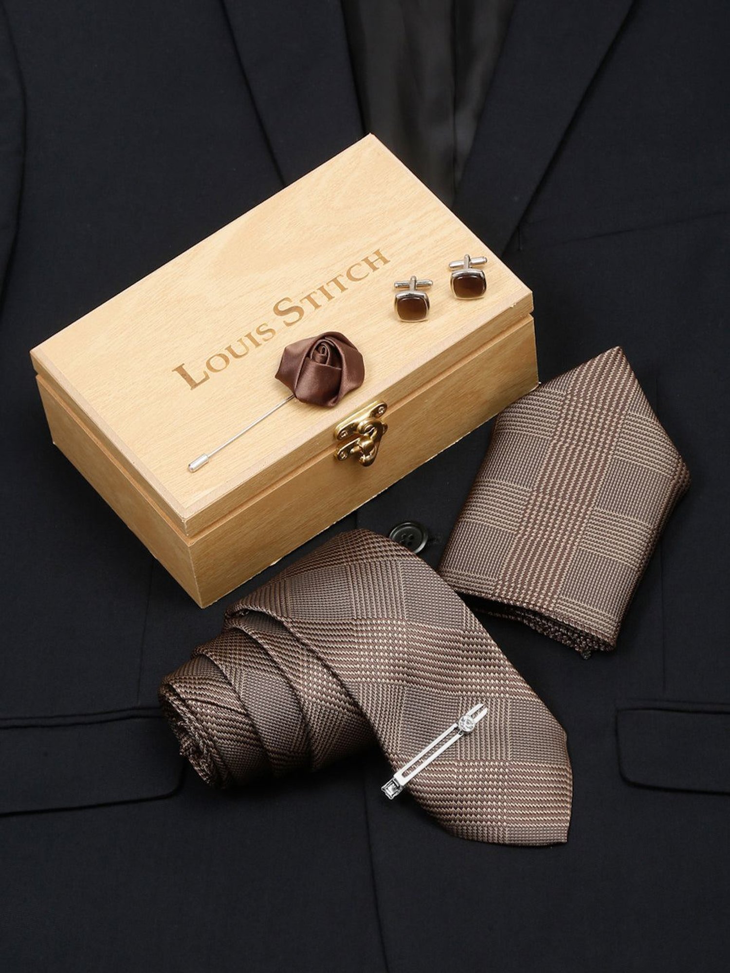 Louis Stitch Brown Checks Necktie Gift Set - Set of 5