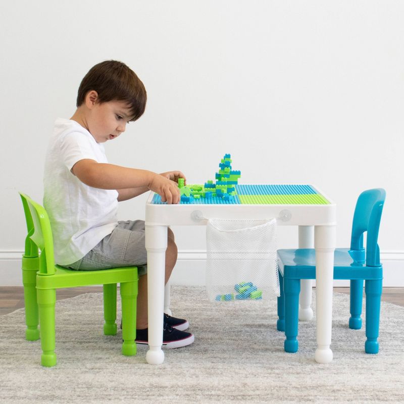 Kids' 2 in 1 Square Activity Table and Chair Set with 100pc Building Blocks White/Green/Blue - Humble Crew