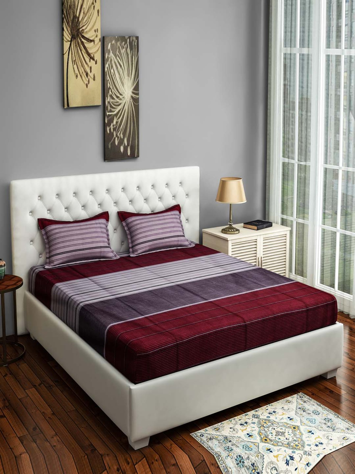 Swayam Stripes Grey 200 TC Cotton King Bedsheet with 2 Pillow Covers