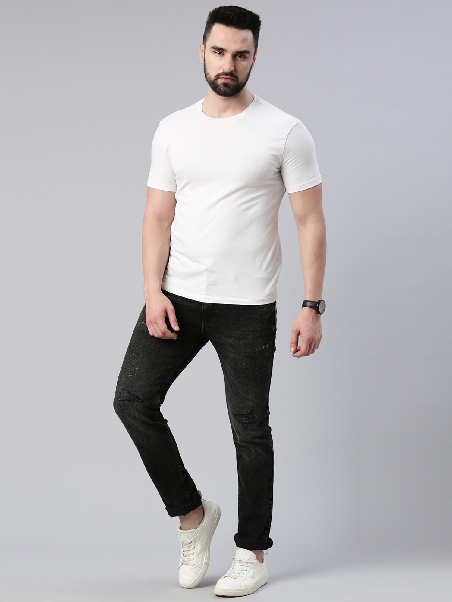 CINOCCI Black Cotton Slim Fit Distressed Jeans