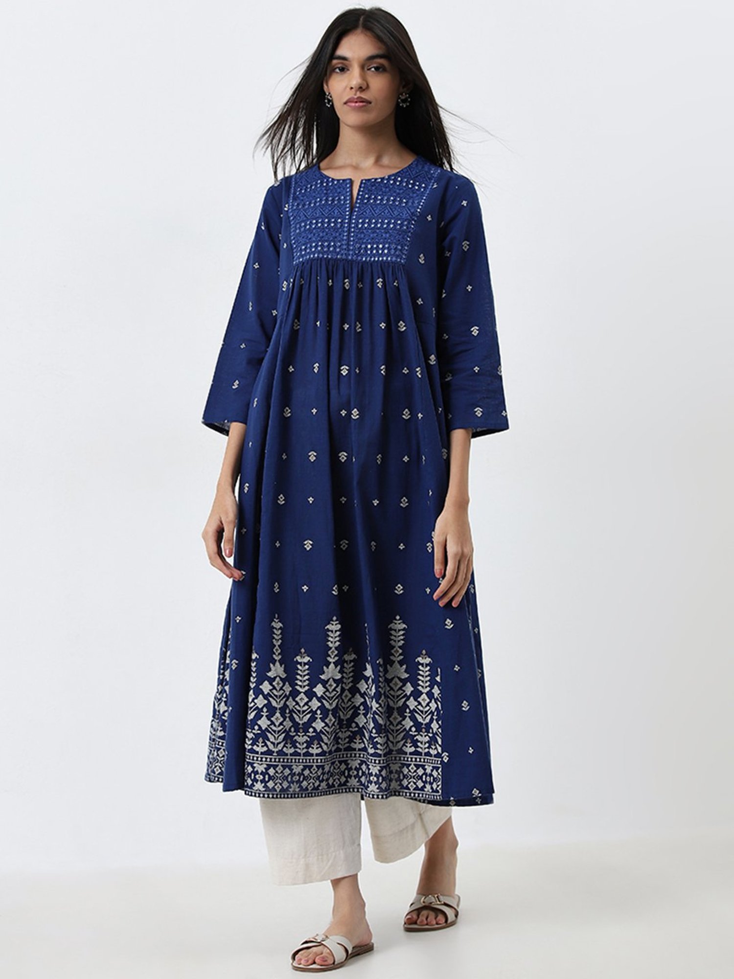 Utsa by Westside Dark Blue Printed Fit-and-Flare Cotton Kurta