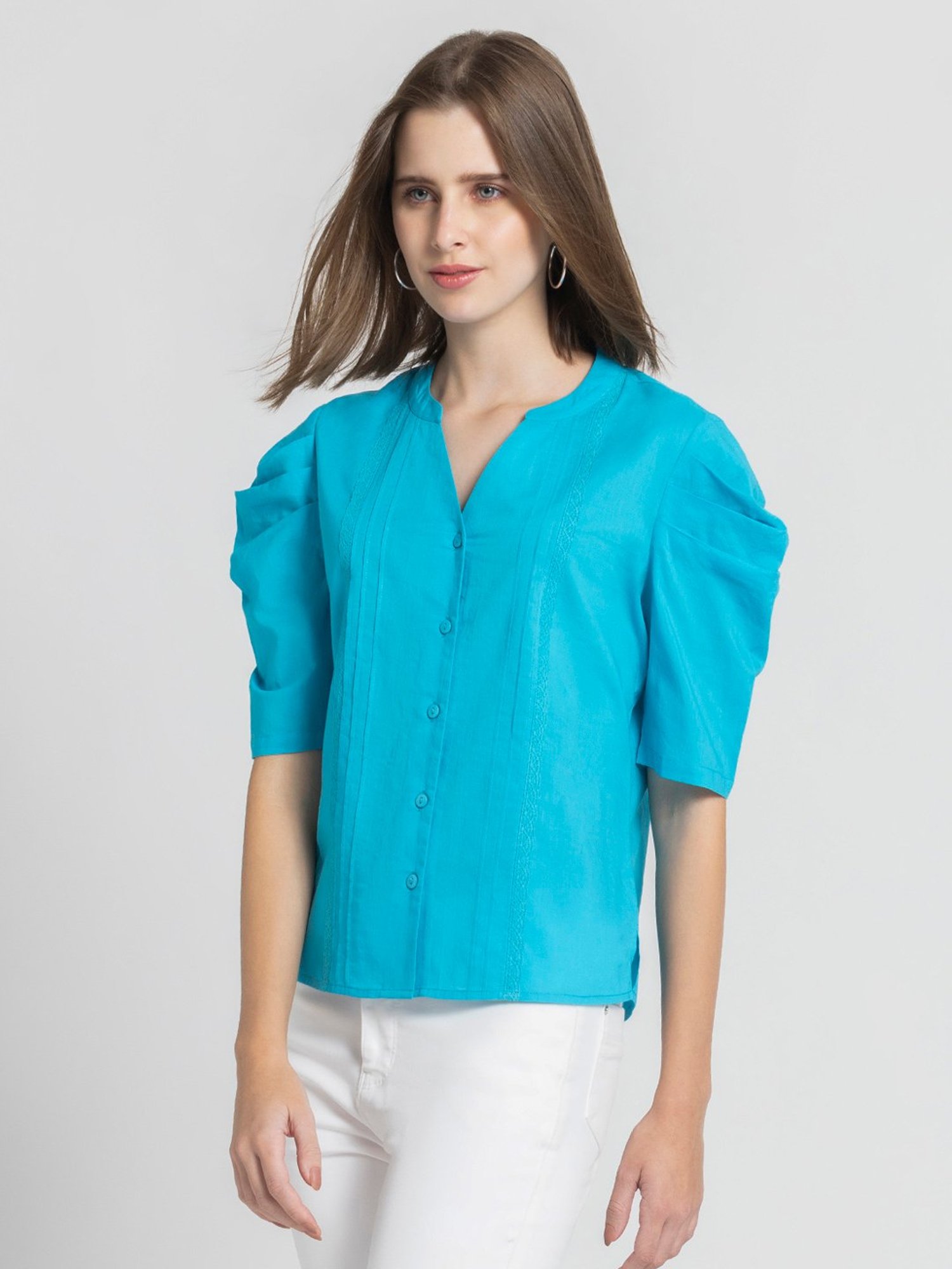 SHAYE Blue Cotton Regular Fit Top