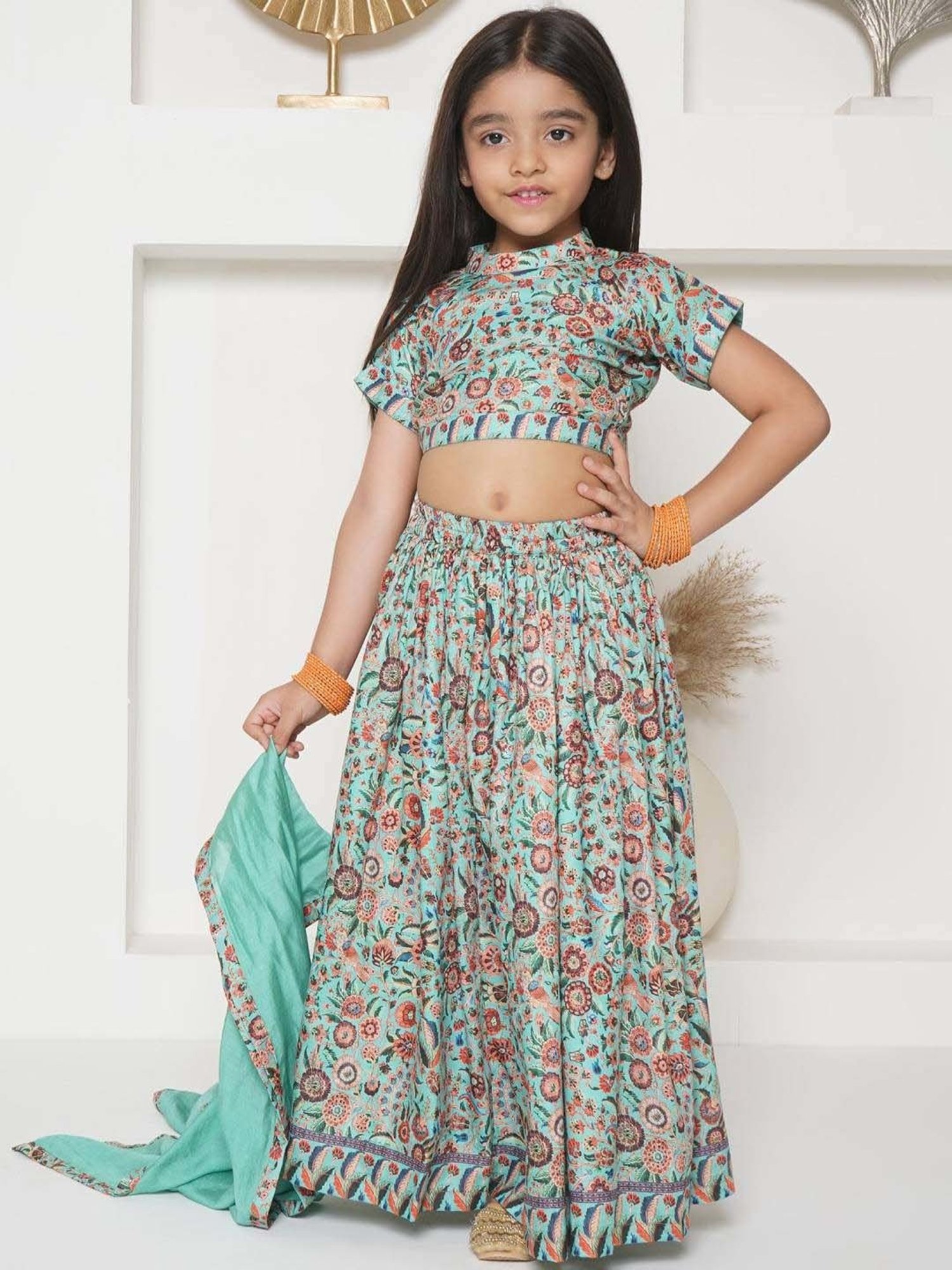 A Little Fable Kids Blue Printed Lehenga with Choli & Dupatta