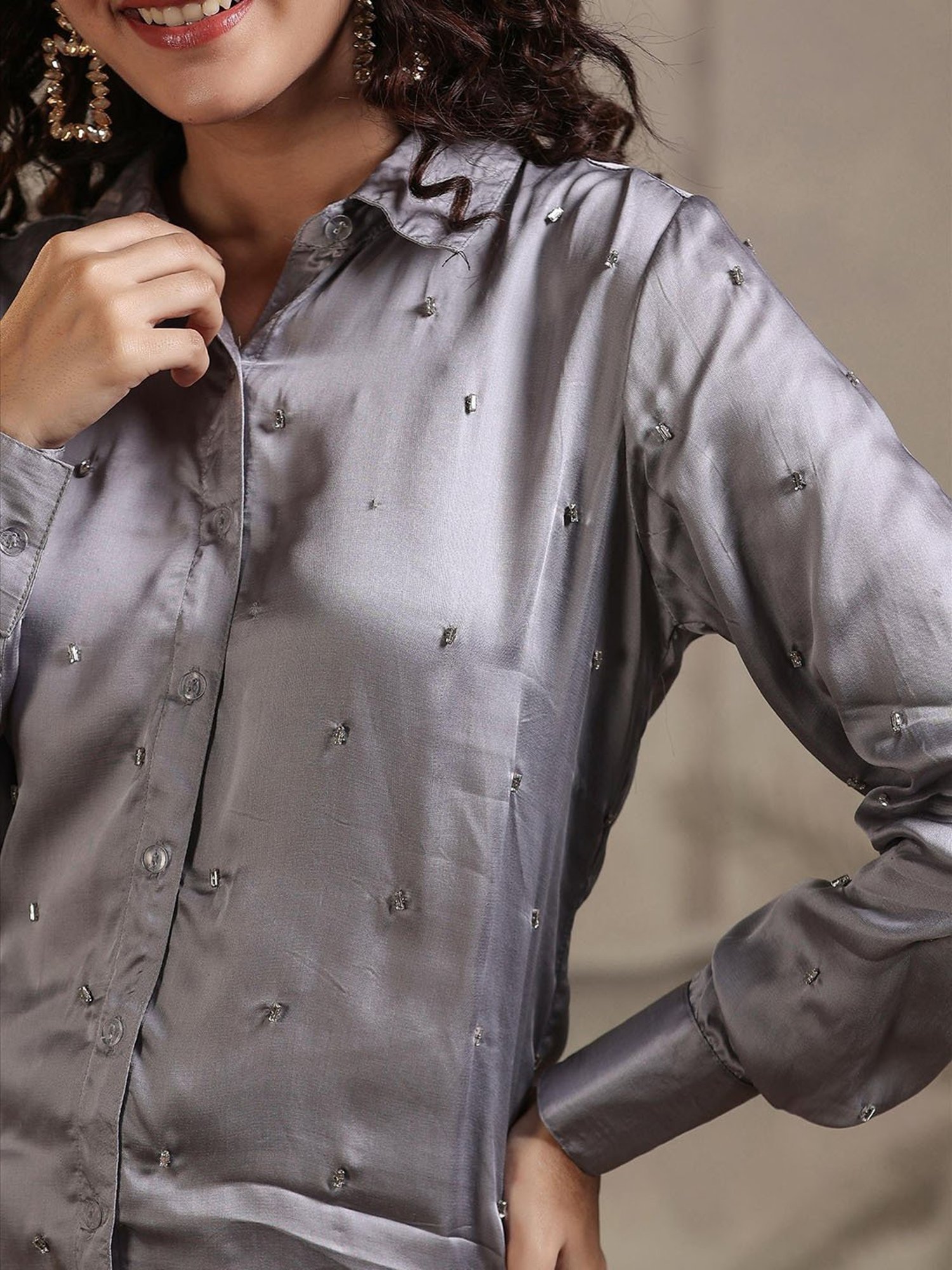 SCAKHI Grey Embellished Shirt & Pant Set