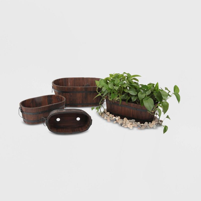 4pc Barrel Style Oval Wooden Planters Brown - Leisure Season
