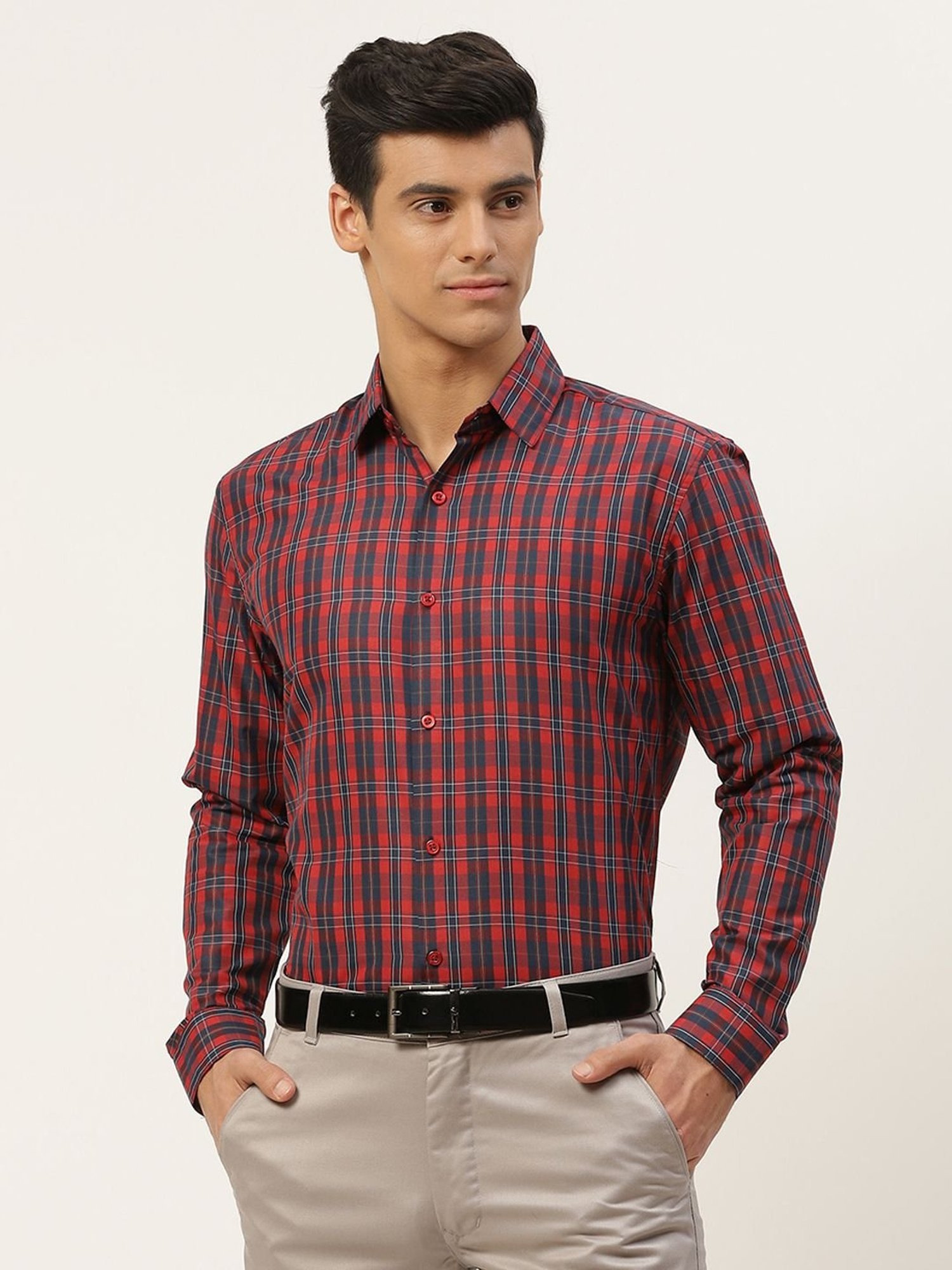 Sojanya Red & Navy Cotton Regular Fit Checks Shirt